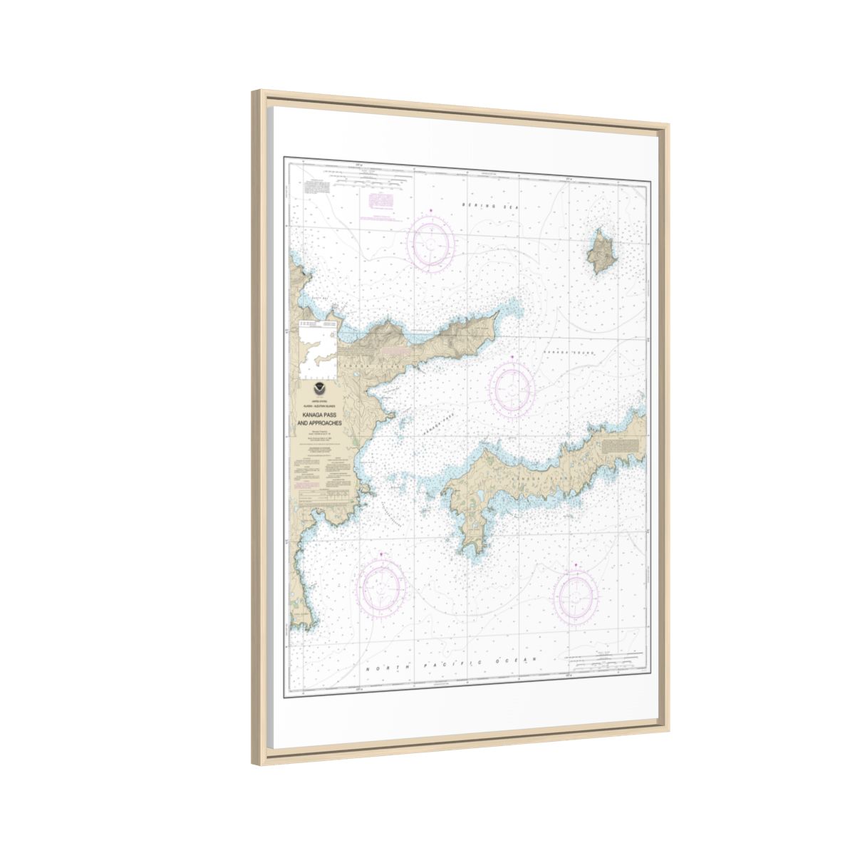 Chart 16463 Kanaga Pass and approaches - NOAA Nautical Chart Floating Frame Canvas | 24" x 32" | 30" x 40" - Natural side
