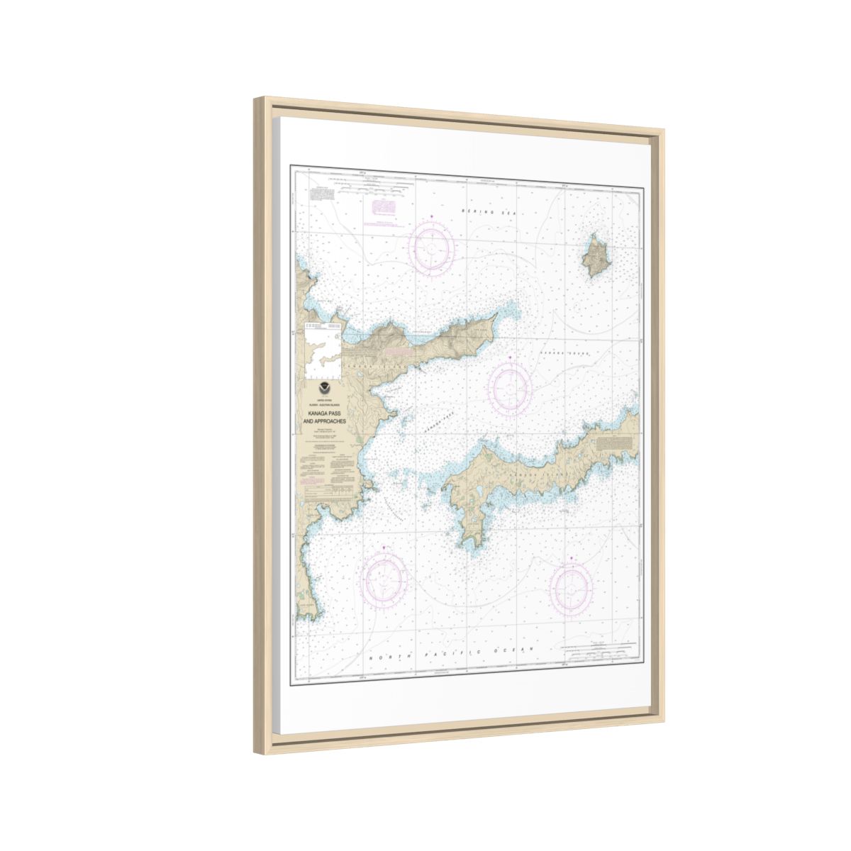 Chart 16463 Kanaga Pass and approaches - NOAA Nautical Chart Floating Frame Canvas | 24" x 32" | 30" x 40" - Natural side