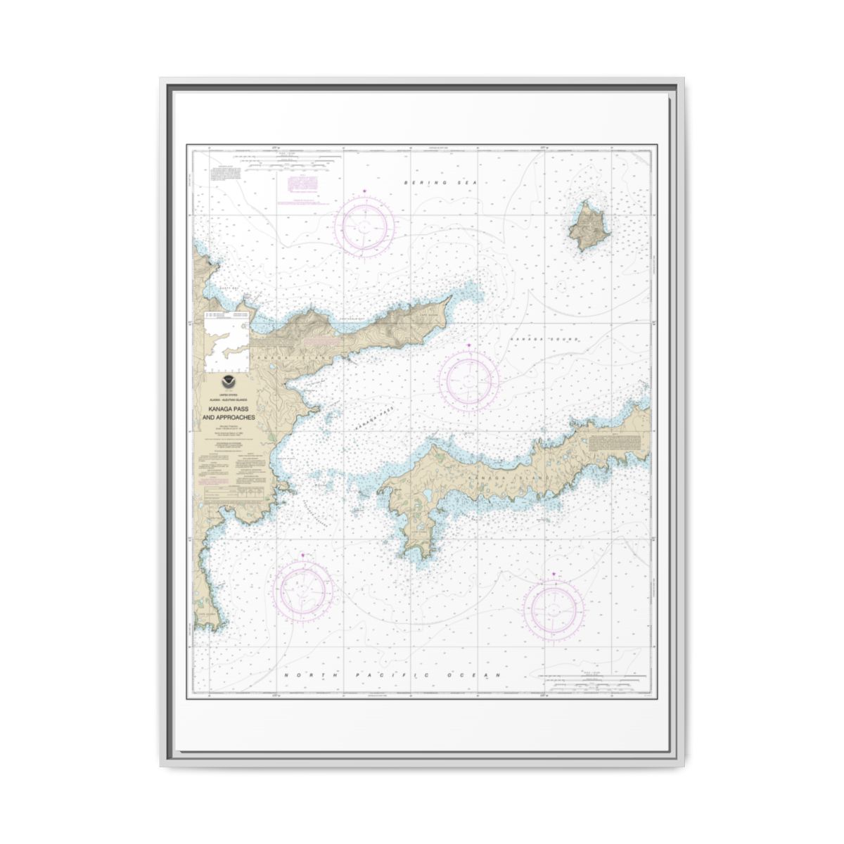 Chart 16463 Kanaga Pass and approaches - NOAA Nautical Chart Floating Frame Canvas | 24" x 32" | 30" x 40" - White front