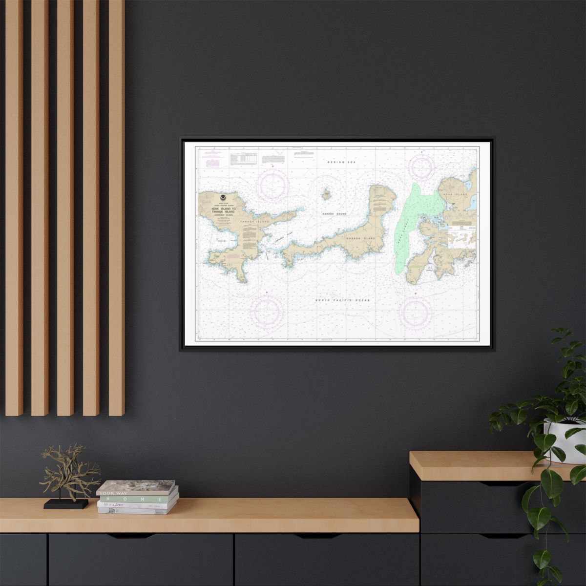 Chart 16467 Adak Island to Tanaga Island - NOAA Nautical Chart Floating Frame Canvas | 30" x 20" | 36" x 24" | 48" x 32" - Black context-2