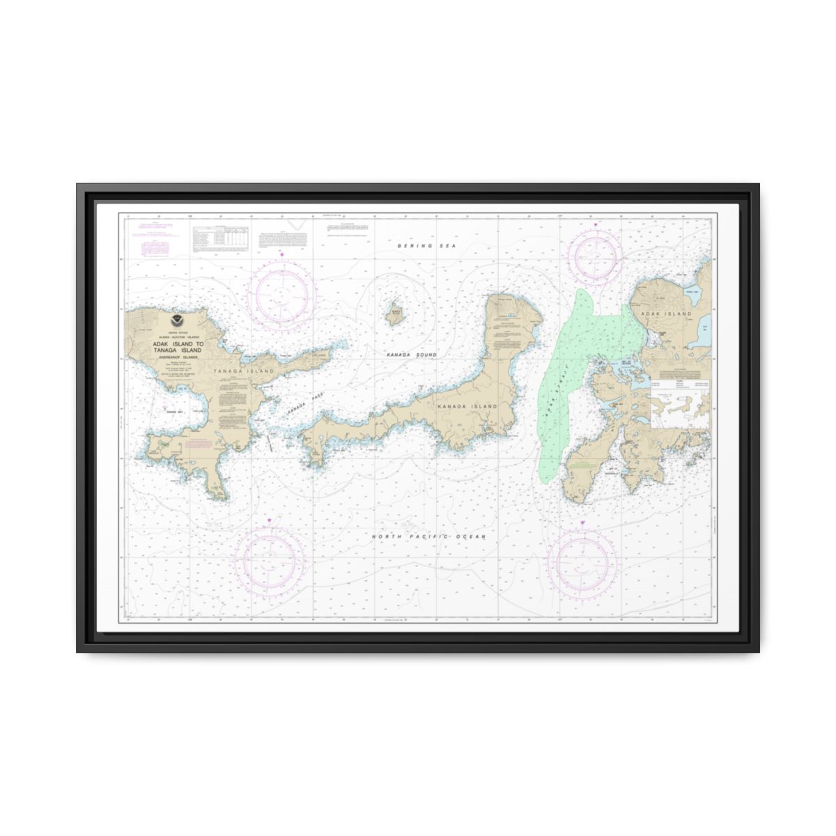 Chart 16467 Adak Island to Tanaga Island - NOAA Nautical Chart Floating Frame Canvas | 30" x 20" | 36" x 24" | 48" x 32" - Black front