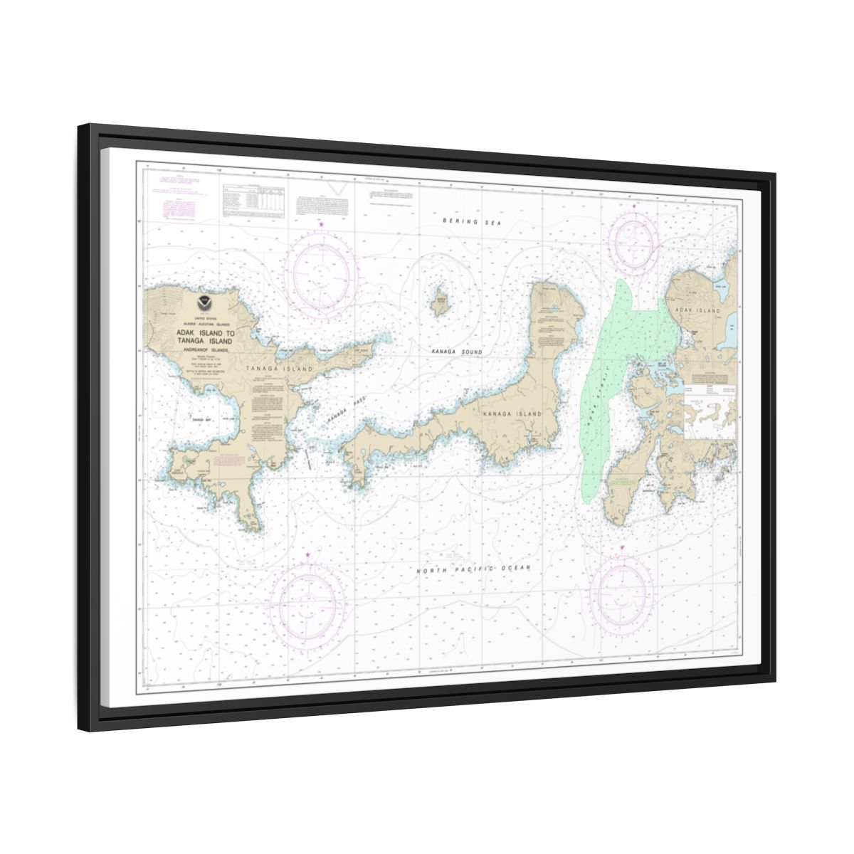 Chart 16467 Adak Island to Tanaga Island - NOAA Nautical Chart Floating Frame Canvas | 30" x 20" | 36" x 24" | 48" x 32" - Black side