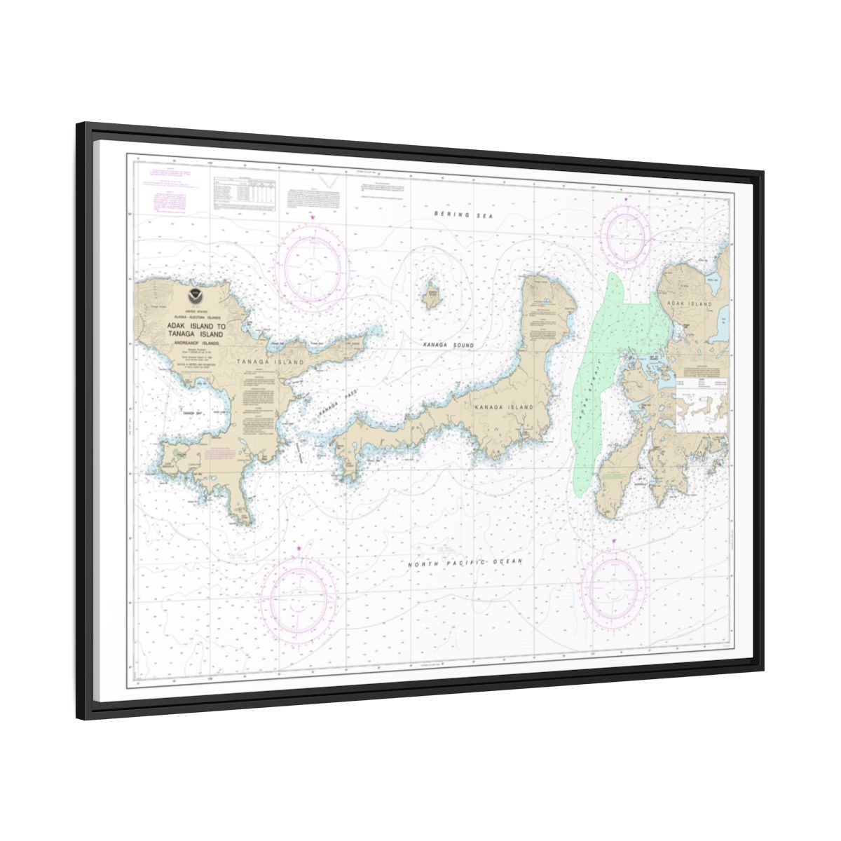 Chart 16467 Adak Island to Tanaga Island - NOAA Nautical Chart Floating Frame Canvas | 30" x 20" | 36" x 24" | 48" x 32" - Black side