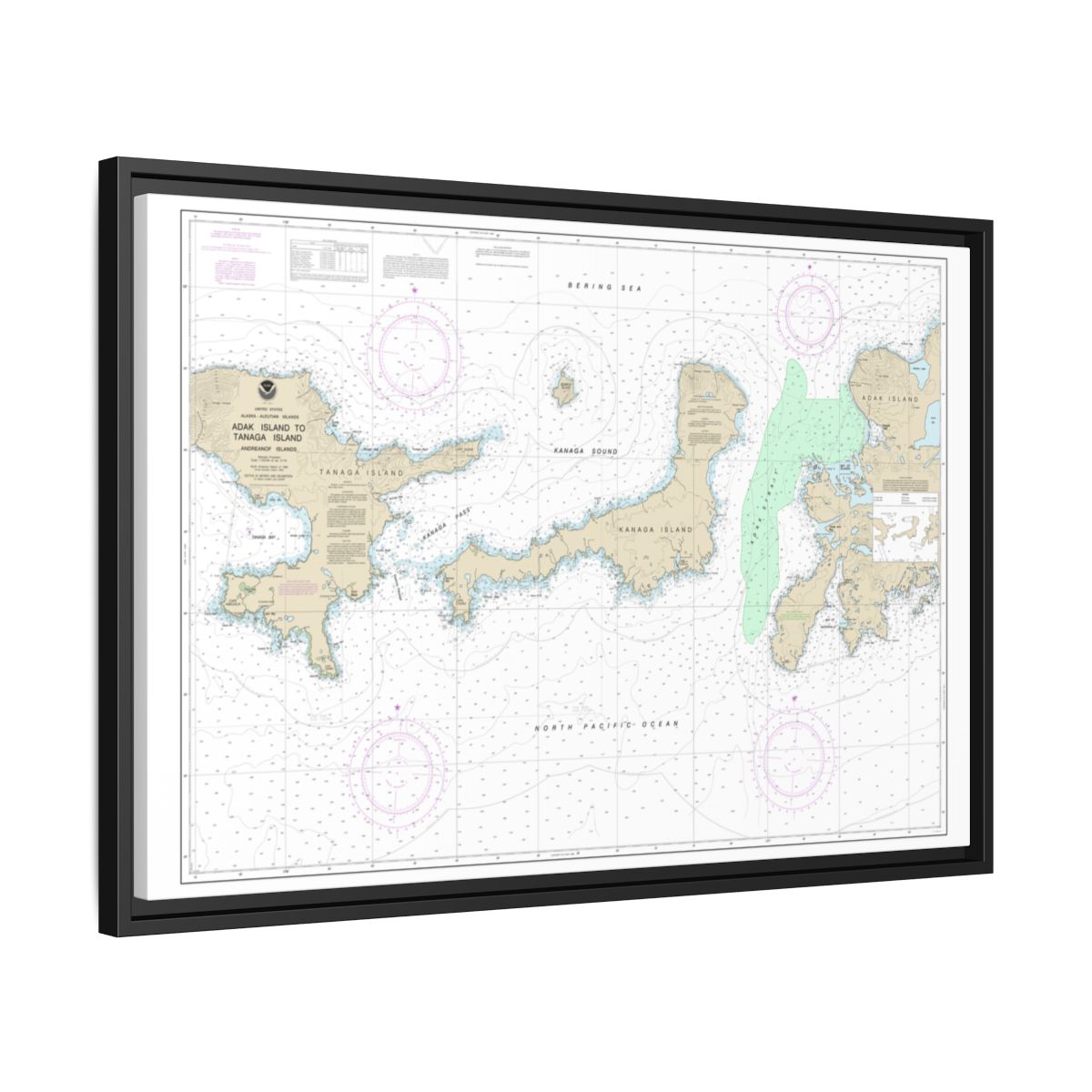 Chart 16467 Adak Island to Tanaga Island - NOAA Nautical Chart Floating Frame Canvas | 30" x 20" | 36" x 24" | 48" x 32" - Black side