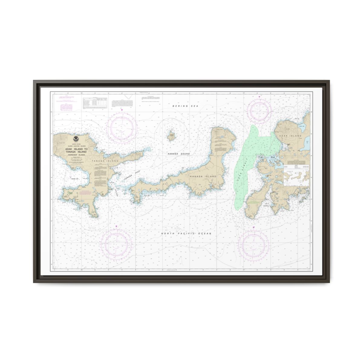Chart 16467 Adak Island to Tanaga Island - NOAA Nautical Chart Floating Frame Canvas | 30" x 20" | 36" x 24" | 48" x 32" - Espresso front