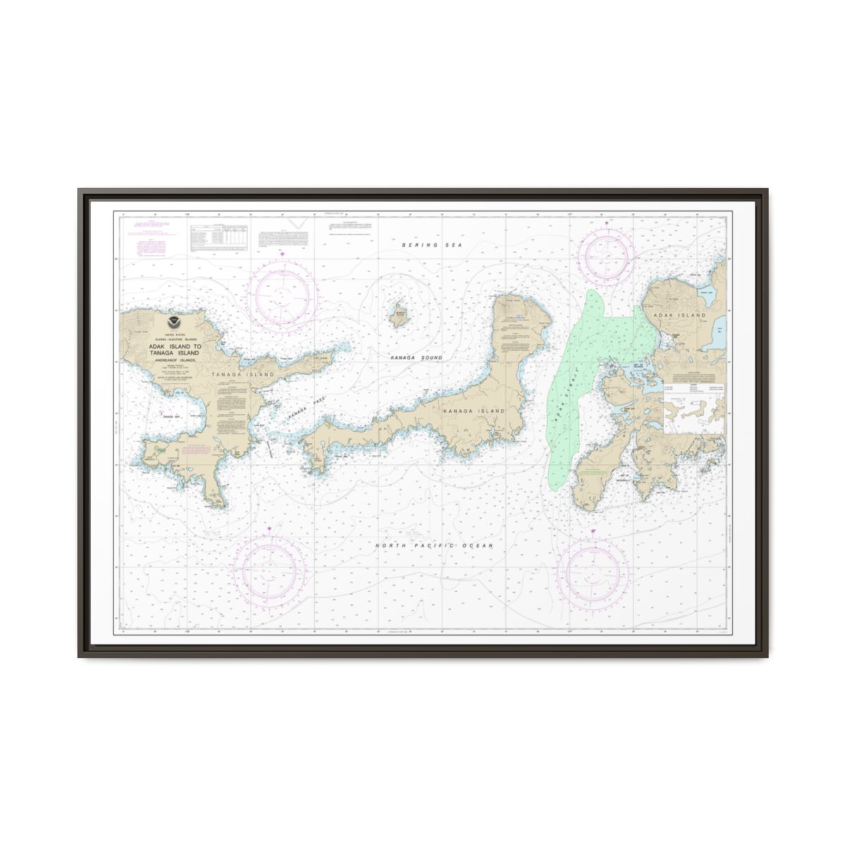 Chart 16467 Adak Island to Tanaga Island - NOAA Nautical Chart Floating Frame Canvas | 30" x 20" | 36" x 24" | 48" x 32" - Espresso front