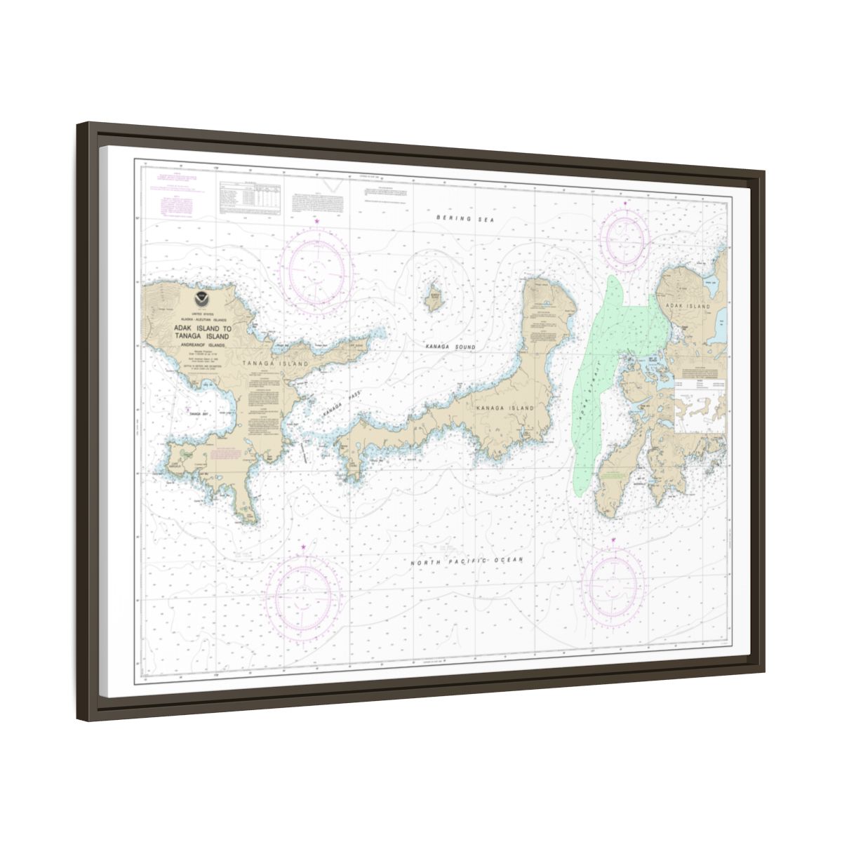 Chart 16467 Adak Island to Tanaga Island - NOAA Nautical Chart Floating Frame Canvas | 30" x 20" | 36" x 24" | 48" x 32" - Espresso side