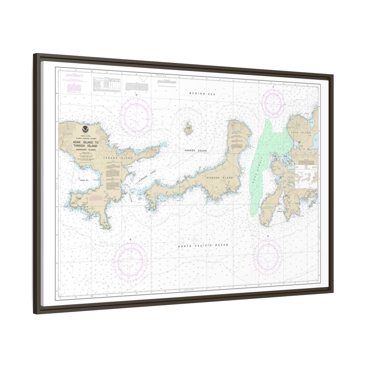 Chart 16467 Adak Island to Tanaga Island - NOAA Nautical Chart Floating Frame Canvas | 30" x 20" | 36" x 24" | 48" x 32" - Espresso side