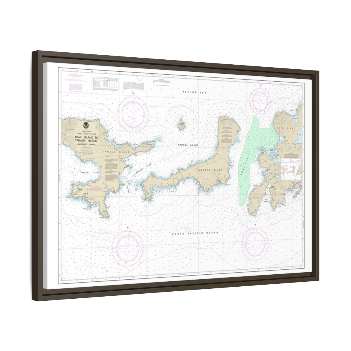 Chart 16467 Adak Island to Tanaga Island - NOAA Nautical Chart Floating Frame Canvas | 30" x 20" | 36" x 24" | 48" x 32" - Espresso side