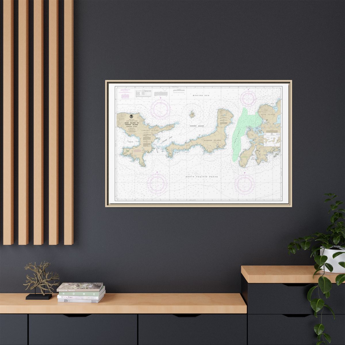 Chart 16467 Adak Island to Tanaga Island - NOAA Nautical Chart Floating Frame Canvas | 30" x 20" | 36" x 24" | 48" x 32" - Natural context-2