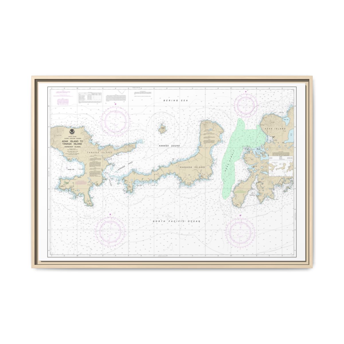 Chart 16467 Adak Island to Tanaga Island - NOAA Nautical Chart Floating Frame Canvas | 30" x 20" | 36" x 24" | 48" x 32" - Natural front