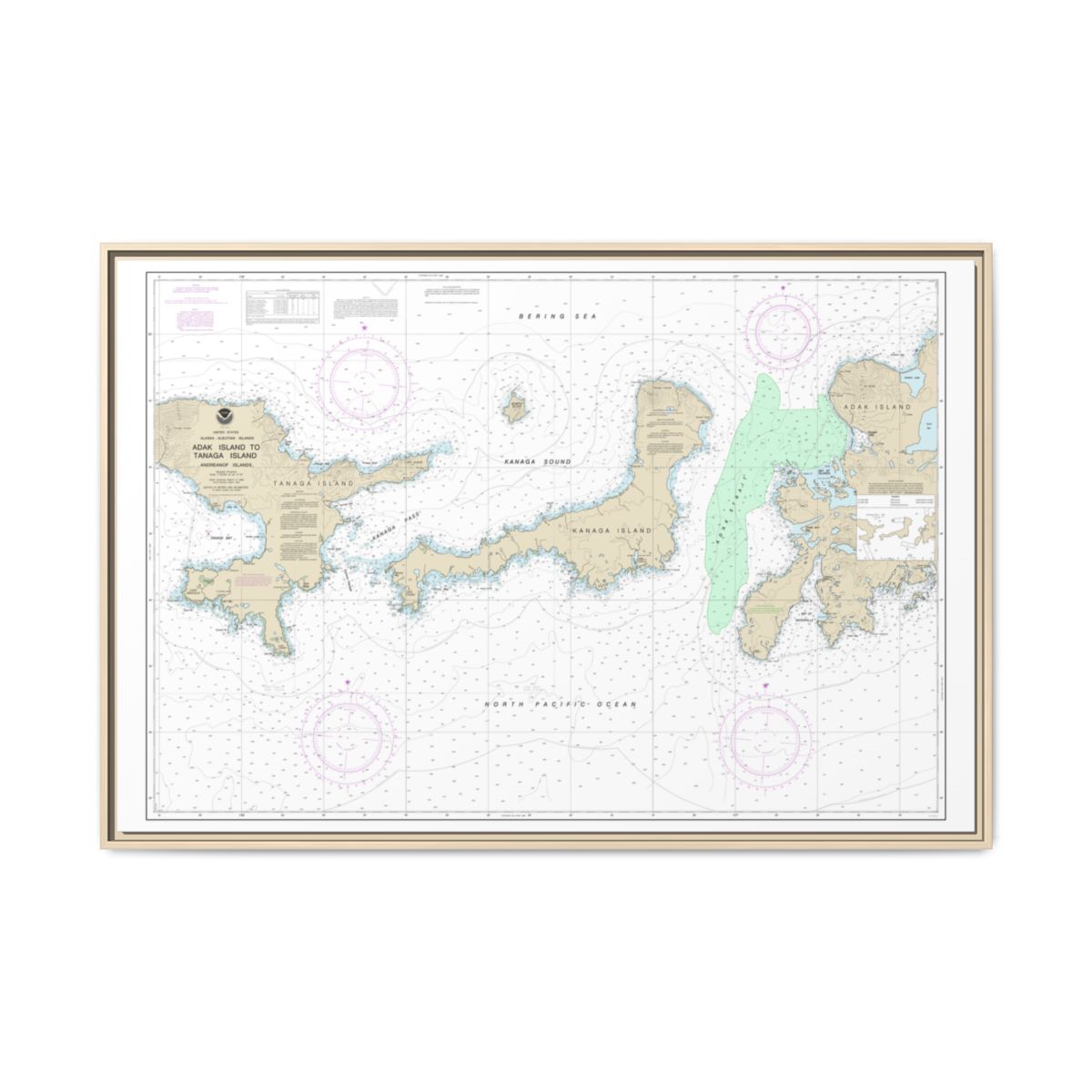 Chart 16467 Adak Island to Tanaga Island - NOAA Nautical Chart Floating Frame Canvas | 30" x 20" | 36" x 24" | 48" x 32" - Natural front