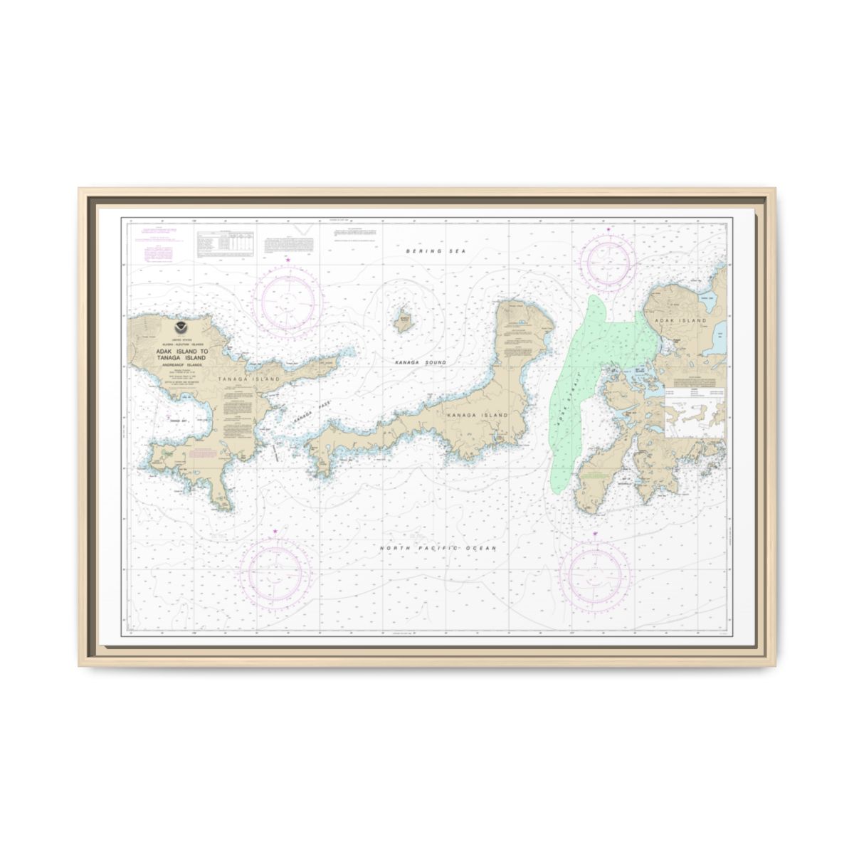 Chart 16467 Adak Island to Tanaga Island - NOAA Nautical Chart Floating Frame Canvas | 30" x 20" | 36" x 24" | 48" x 32" - Natural front