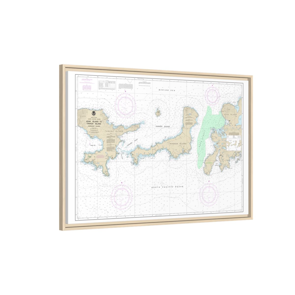 Chart 16467 Adak Island to Tanaga Island - NOAA Nautical Chart Floating Frame Canvas | 30" x 20" | 36" x 24" | 48" x 32" - Natural side