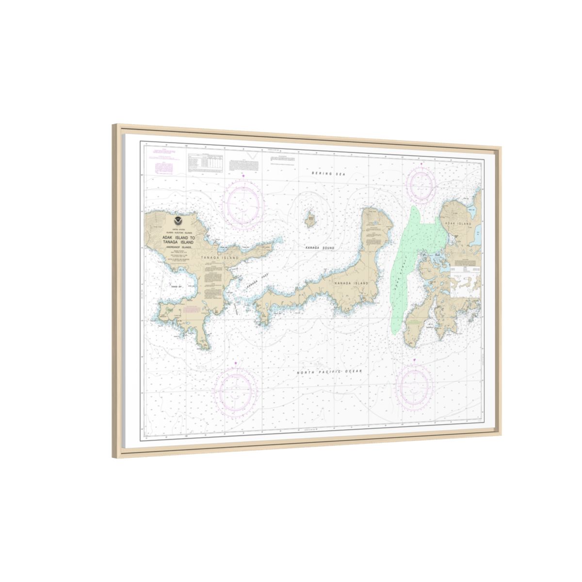 Chart 16467 Adak Island to Tanaga Island - NOAA Nautical Chart Floating Frame Canvas | 30" x 20" | 36" x 24" | 48" x 32" - Natural side