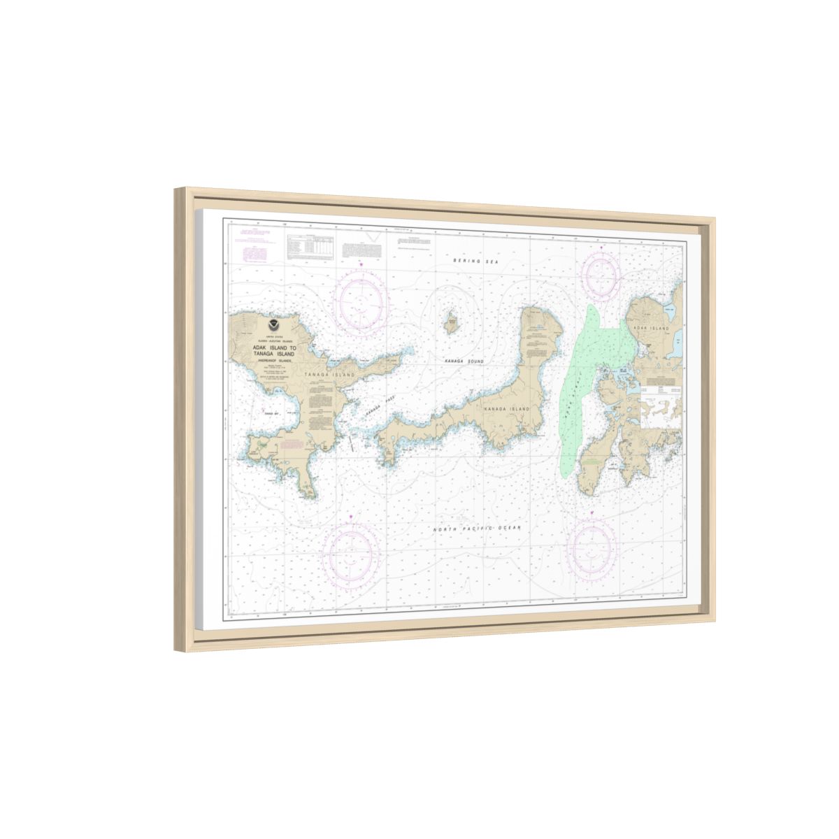 Chart 16467 Adak Island to Tanaga Island - NOAA Nautical Chart Floating Frame Canvas | 30" x 20" | 36" x 24" | 48" x 32" - Natural side