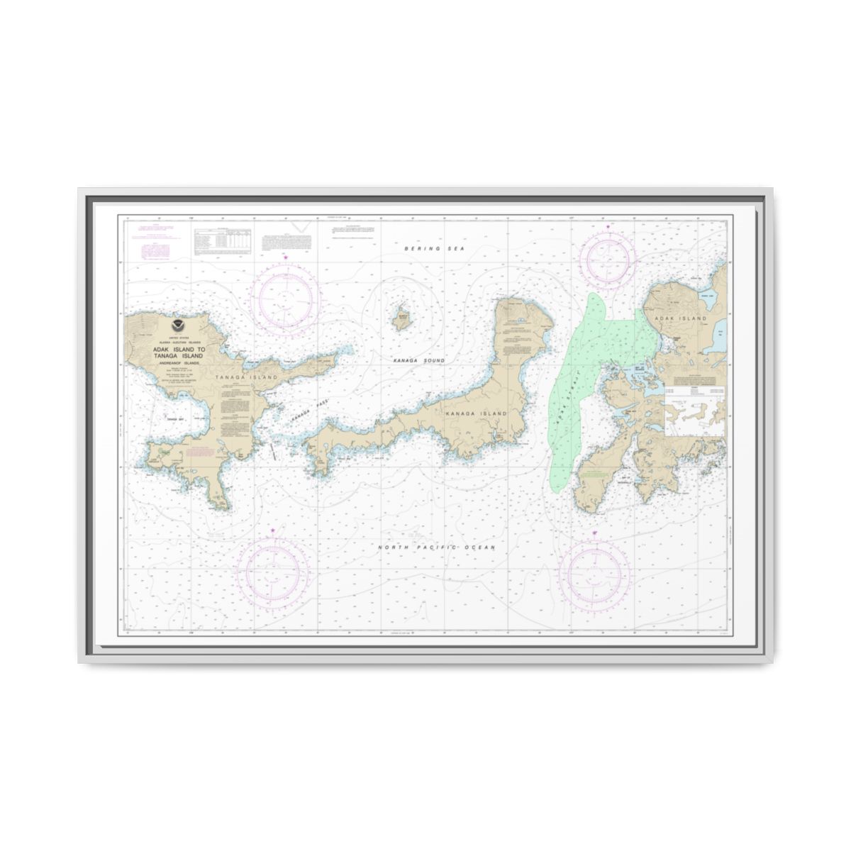Chart 16467 Adak Island to Tanaga Island - NOAA Nautical Chart Floating Frame Canvas | 30" x 20" | 36" x 24" | 48" x 32" - White front