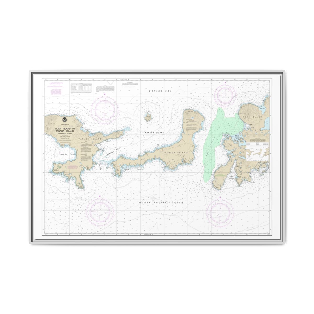 Chart 16467 Adak Island to Tanaga Island - NOAA Nautical Chart Floating Frame Canvas | 30" x 20" | 36" x 24" | 48" x 32" - White front