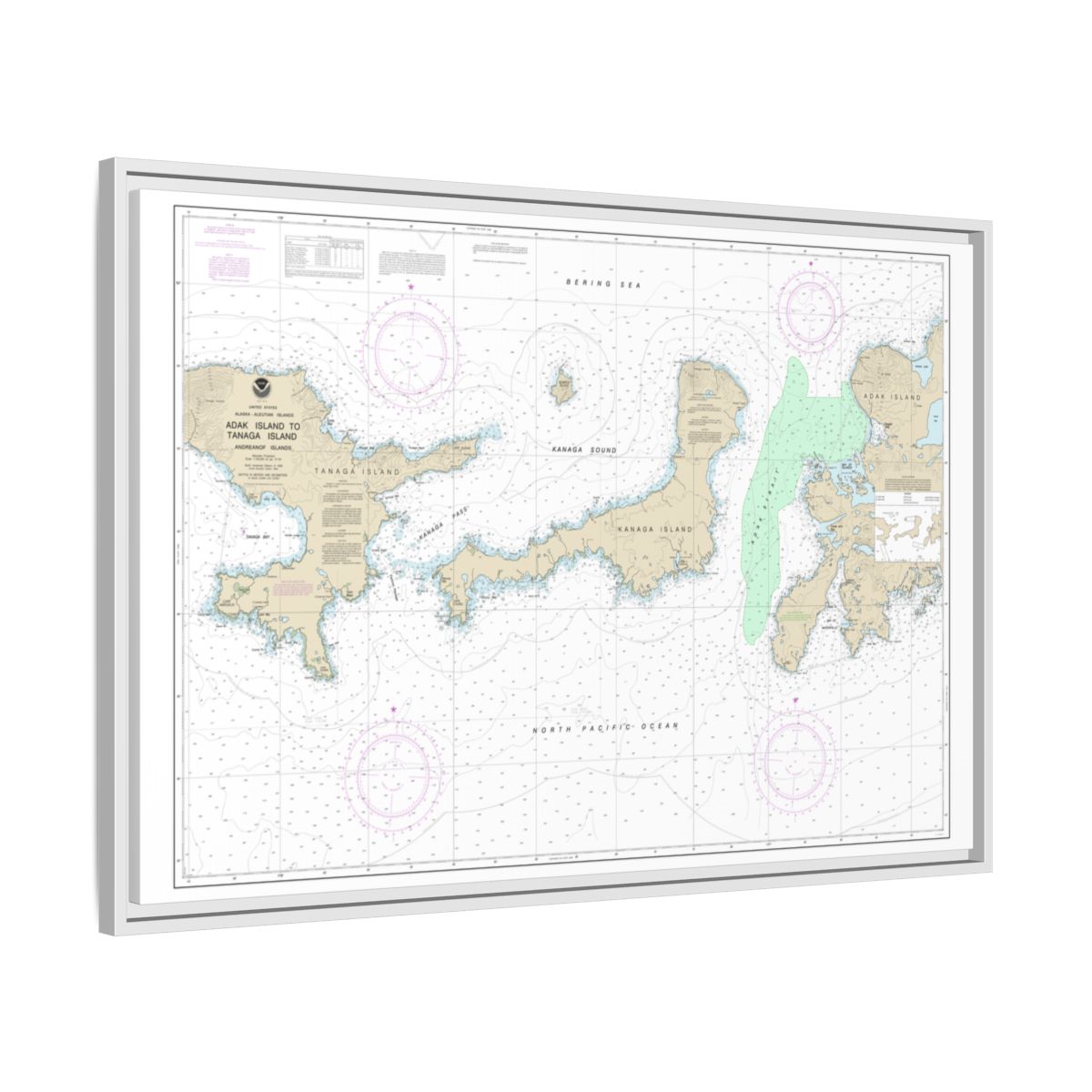 Chart 16467 Adak Island to Tanaga Island - NOAA Nautical Chart Floating Frame Canvas | 30" x 20" | 36" x 24" | 48" x 32" - White side