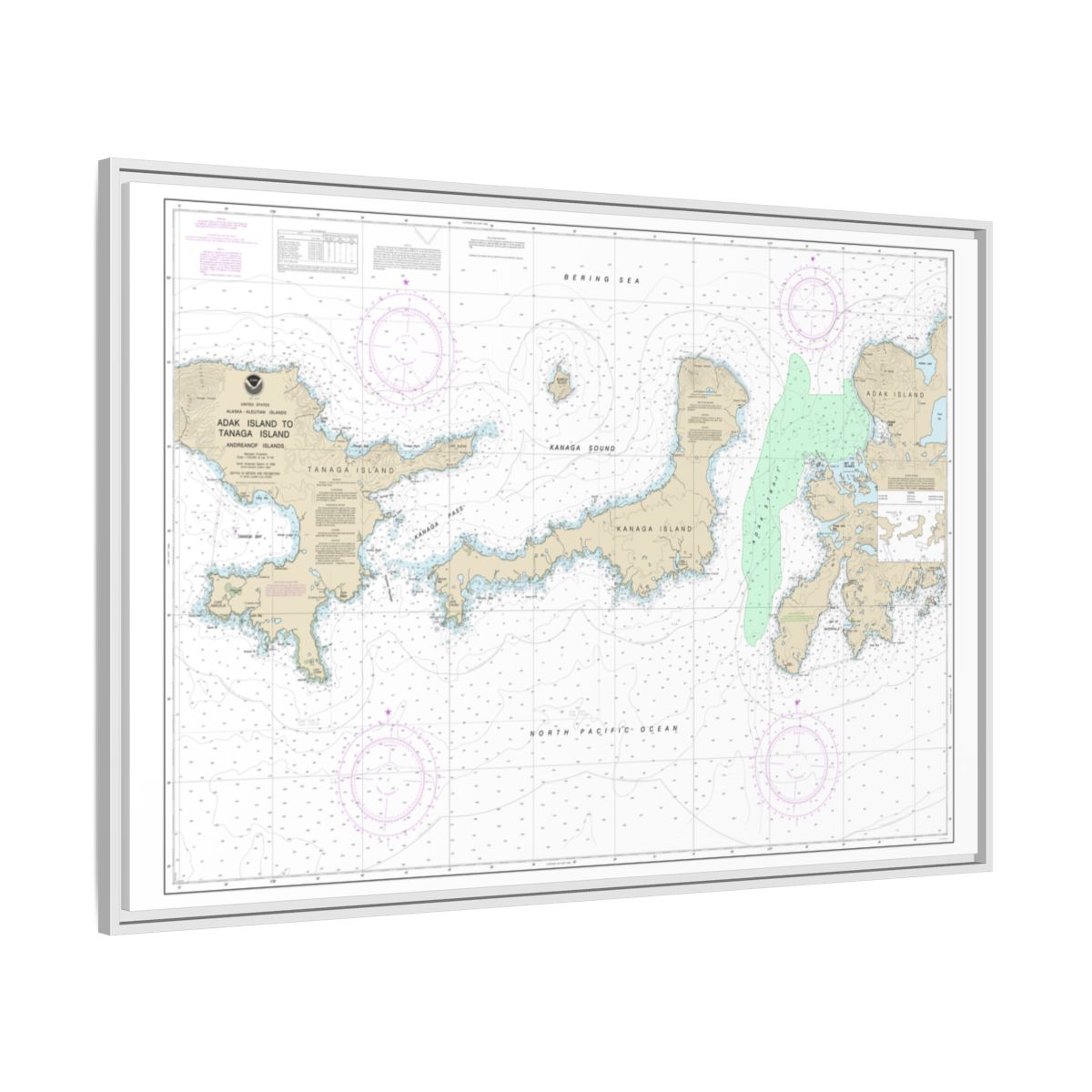Chart 16467 Adak Island to Tanaga Island - NOAA Nautical Chart Floating Frame Canvas | 30" x 20" | 36" x 24" | 48" x 32" - White side