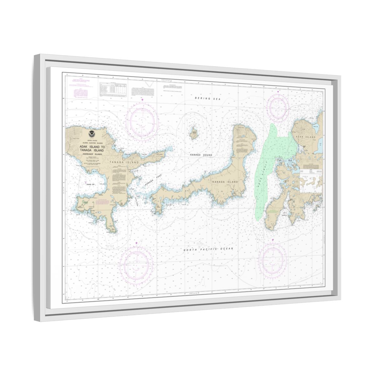 Chart 16467 Adak Island to Tanaga Island - NOAA Nautical Chart Floating Frame Canvas | 30" x 20" | 36" x 24" | 48" x 32" - White side
