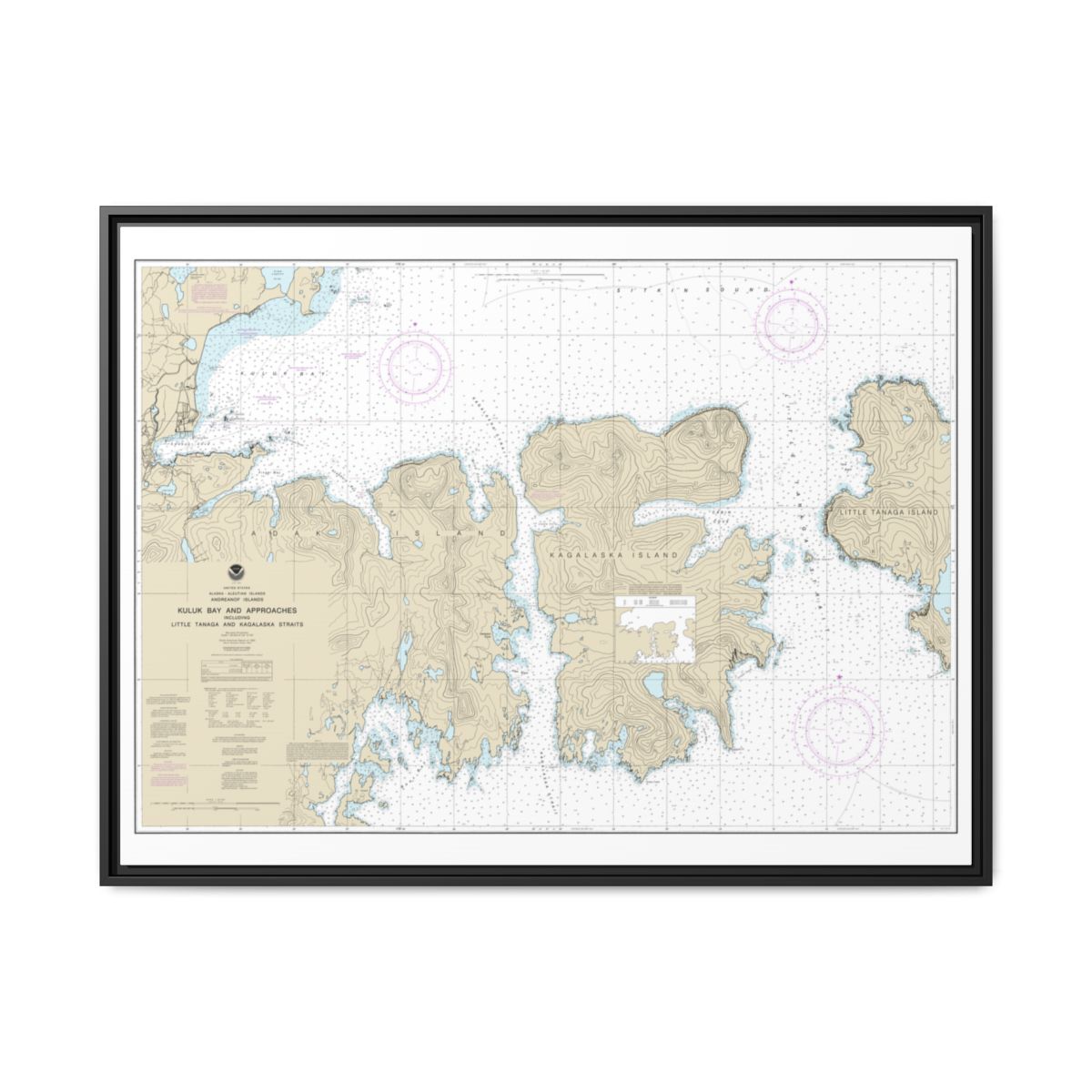 Chart 16475 Kuluk Bay and approaches, including Little Tanaga and Kagalaska Strs. - NOAA Nautical Chart Floating Frame Canvas | 32" x 24" | 40" x 30" - Black front