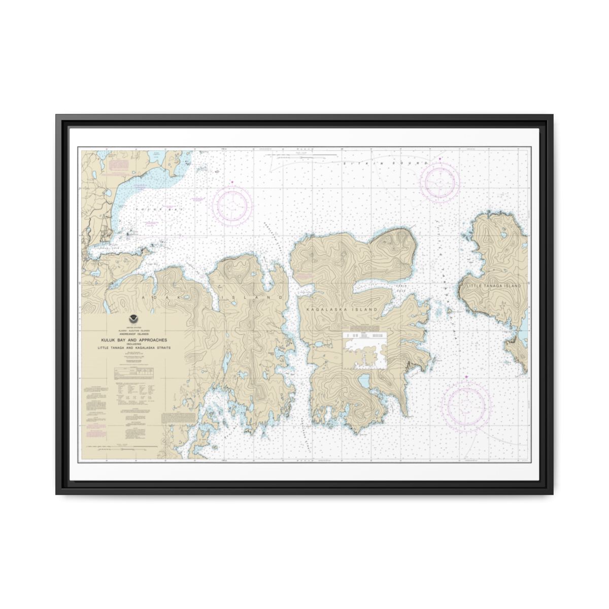 Chart 16475 Kuluk Bay and approaches, including Little Tanaga and Kagalaska Strs. - NOAA Nautical Chart Floating Frame Canvas | 32" x 24" | 40" x 30" - Black front