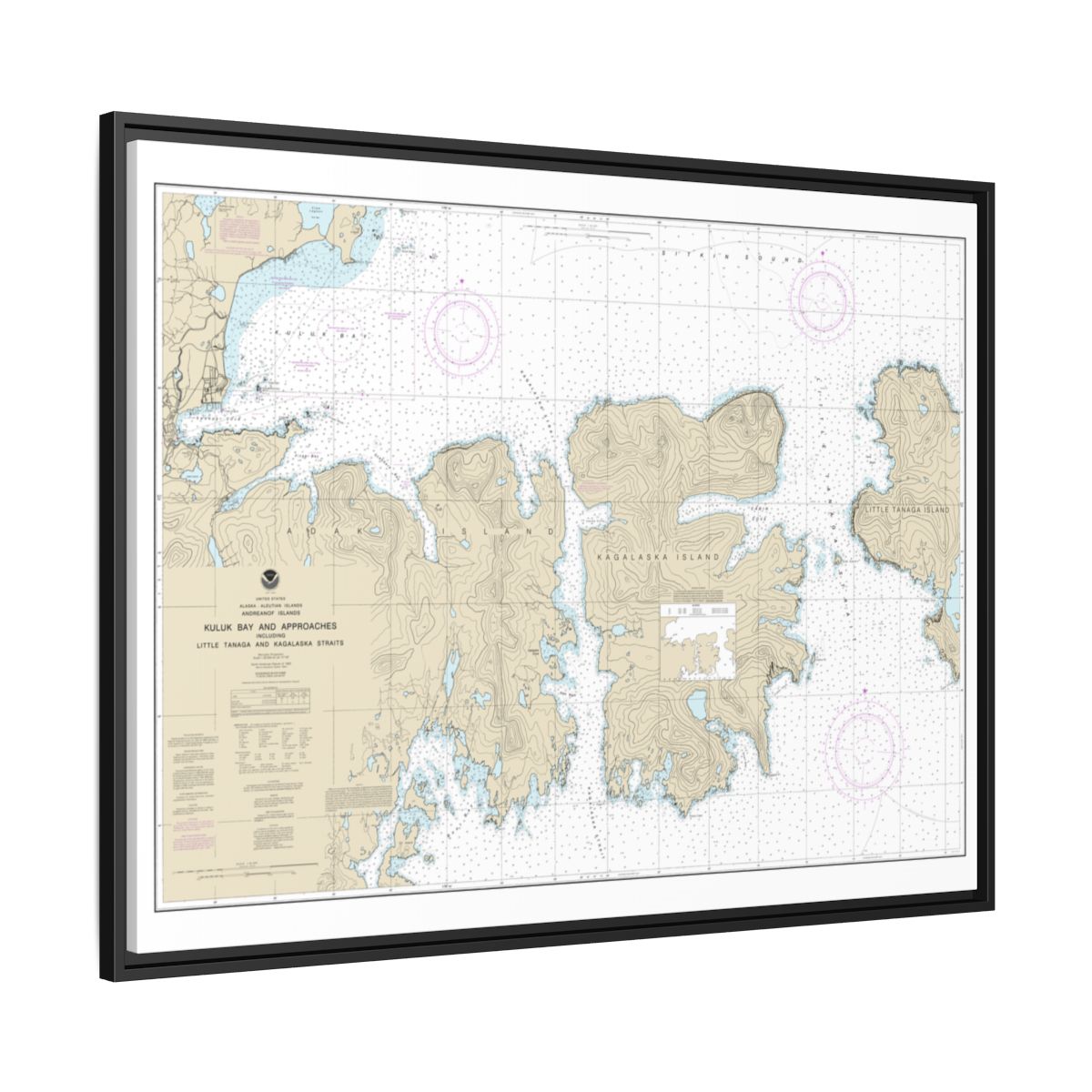 Chart 16475 Kuluk Bay and approaches, including Little Tanaga and Kagalaska Strs. - NOAA Nautical Chart Floating Frame Canvas | 32" x 24" | 40" x 30" - Black side
