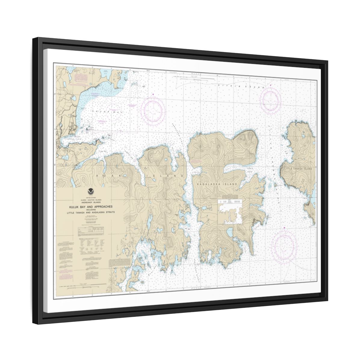 Chart 16475 Kuluk Bay and approaches, including Little Tanaga and Kagalaska Strs. - NOAA Nautical Chart Floating Frame Canvas | 32" x 24" | 40" x 30" - Black side
