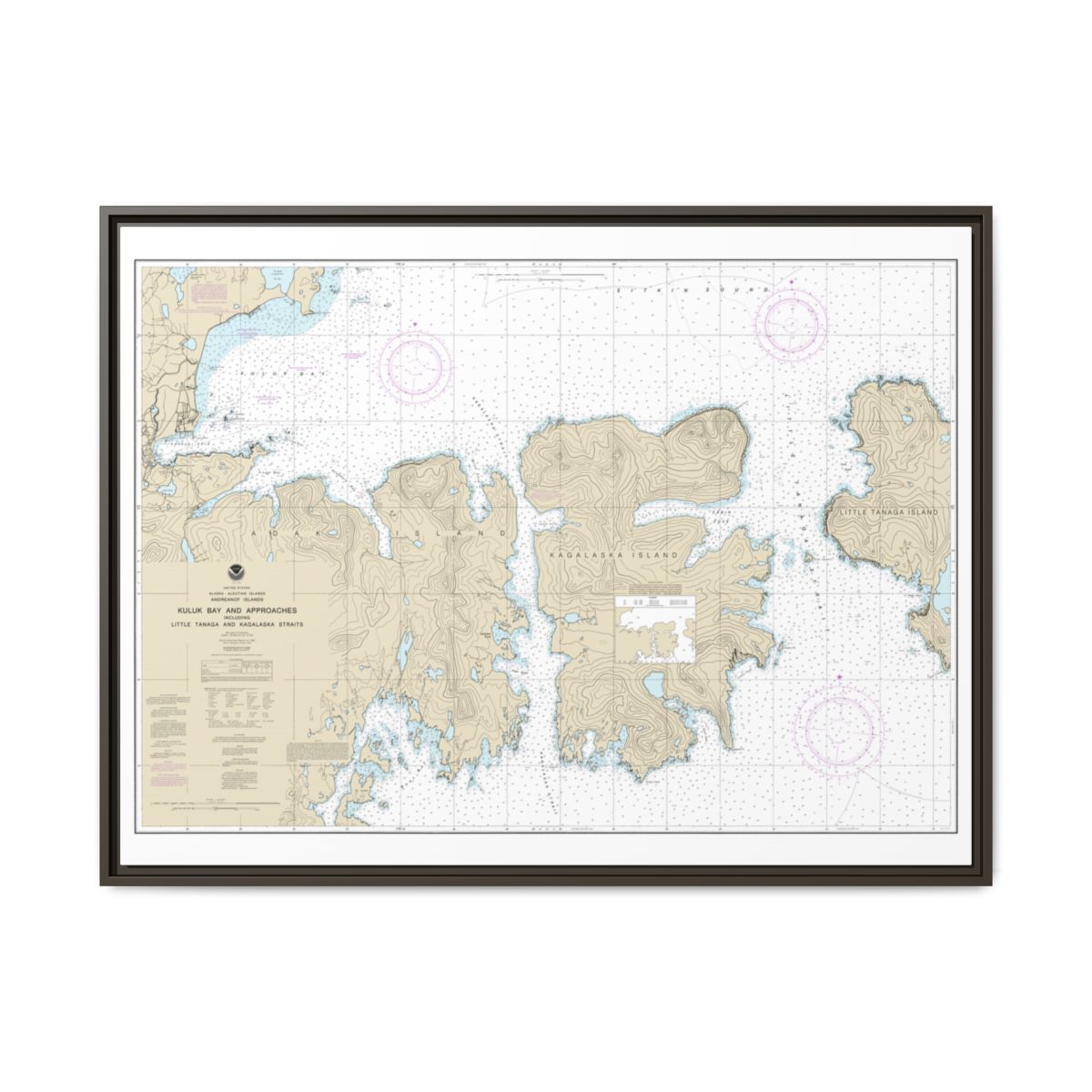 Chart 16475 Kuluk Bay and approaches, including Little Tanaga and Kagalaska Strs. - NOAA Nautical Chart Floating Frame Canvas | 32" x 24" | 40" x 30" - Espresso front