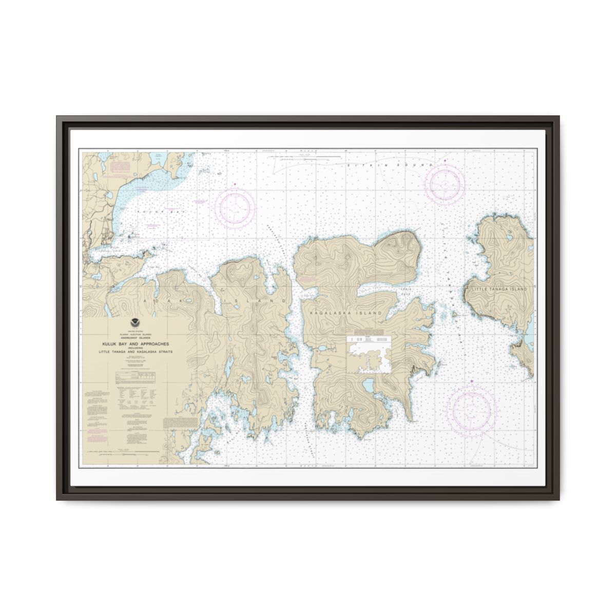 Chart 16475 Kuluk Bay and approaches, including Little Tanaga and Kagalaska Strs. - NOAA Nautical Chart Floating Frame Canvas | 32" x 24" | 40" x 30" - Espresso front