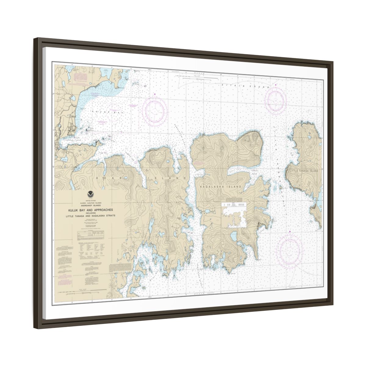 Chart 16475 Kuluk Bay and approaches, including Little Tanaga and Kagalaska Strs. - NOAA Nautical Chart Floating Frame Canvas | 32" x 24" | 40" x 30" - Espresso side