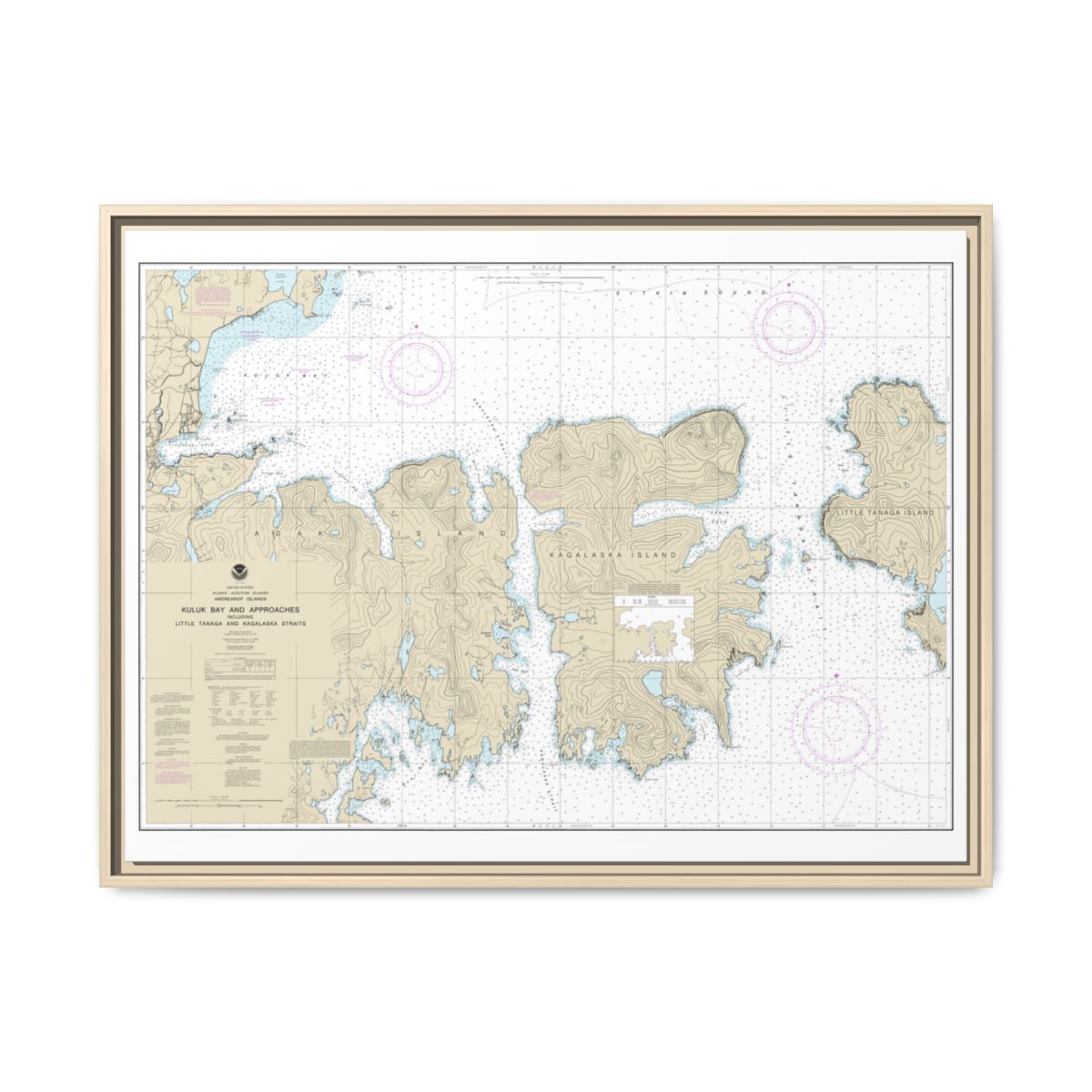 Chart 16475 Kuluk Bay and approaches, including Little Tanaga and Kagalaska Strs. - NOAA Nautical Chart Floating Frame Canvas | 32" x 24" | 40" x 30" - Natural front