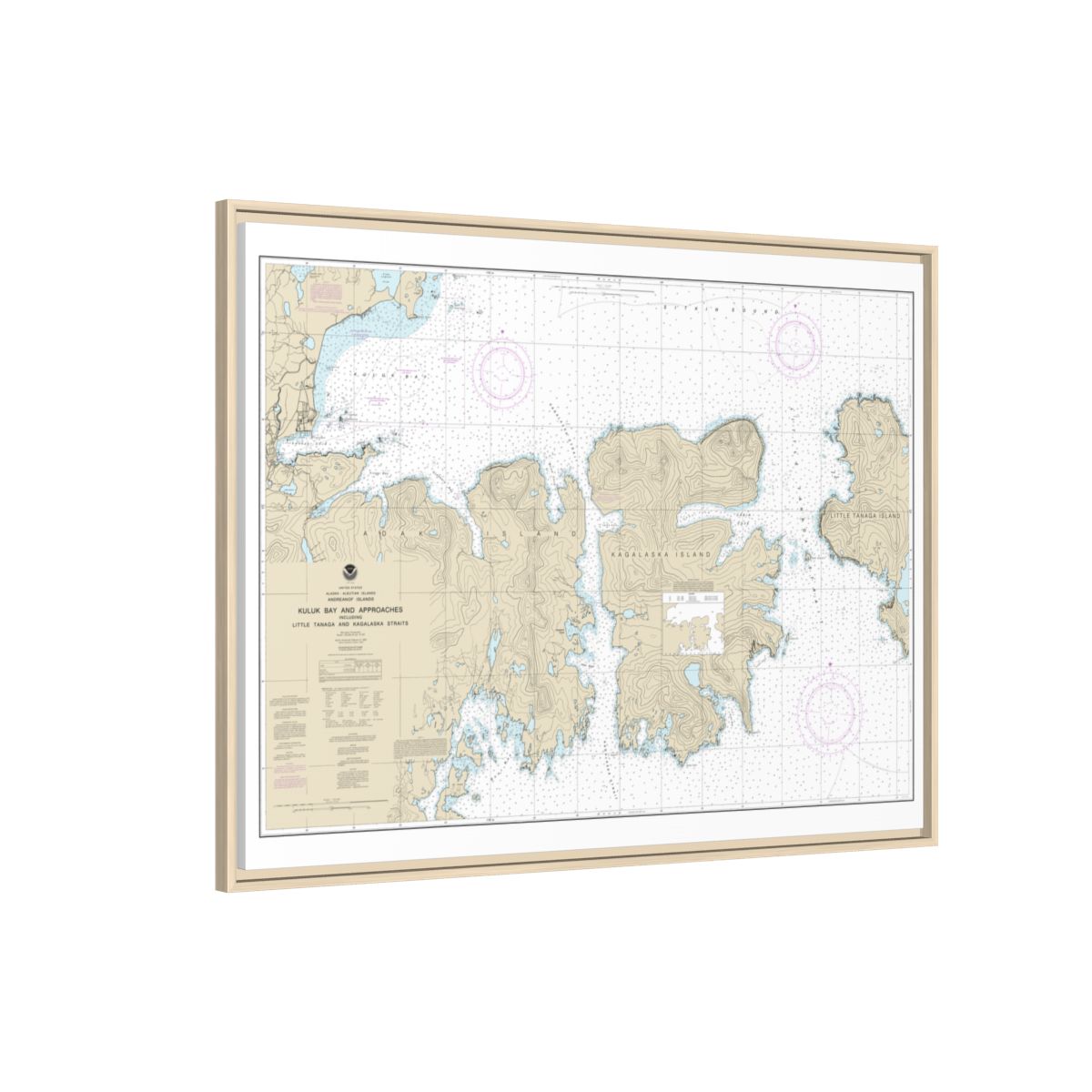 Chart 16475 Kuluk Bay and approaches, including Little Tanaga and Kagalaska Strs. - NOAA Nautical Chart Floating Frame Canvas | 32" x 24" | 40" x 30" - Natural side