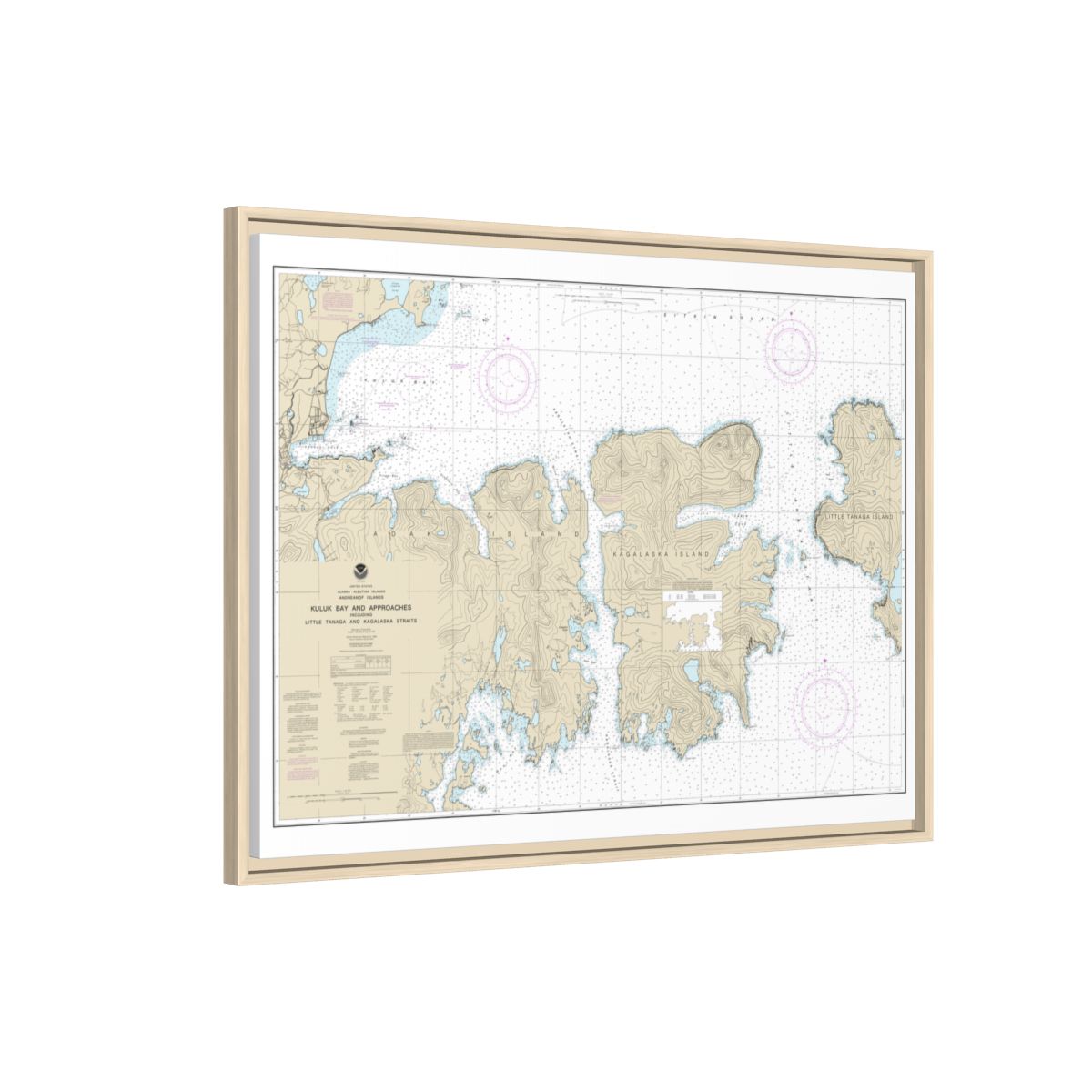 Chart 16475 Kuluk Bay and approaches, including Little Tanaga and Kagalaska Strs. - NOAA Nautical Chart Floating Frame Canvas | 32" x 24" | 40" x 30" - Natural side