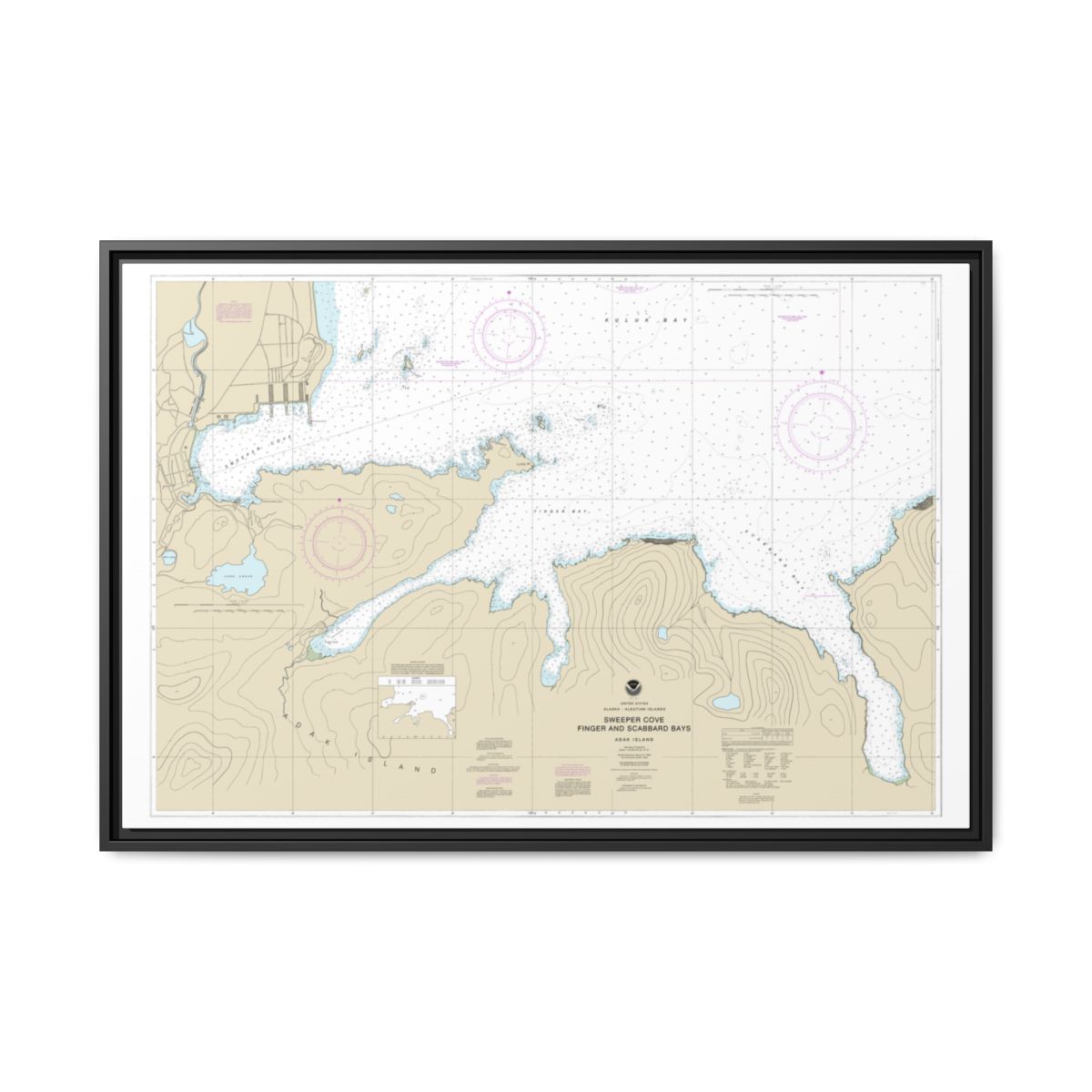 Chart 16476 Sweeper Cove, Finger and Scabbard Bays - NOAA Nautical Chart Floating Frame Canvas | 30" x 20" | 36" x 24" | 48" x 32" - Black front