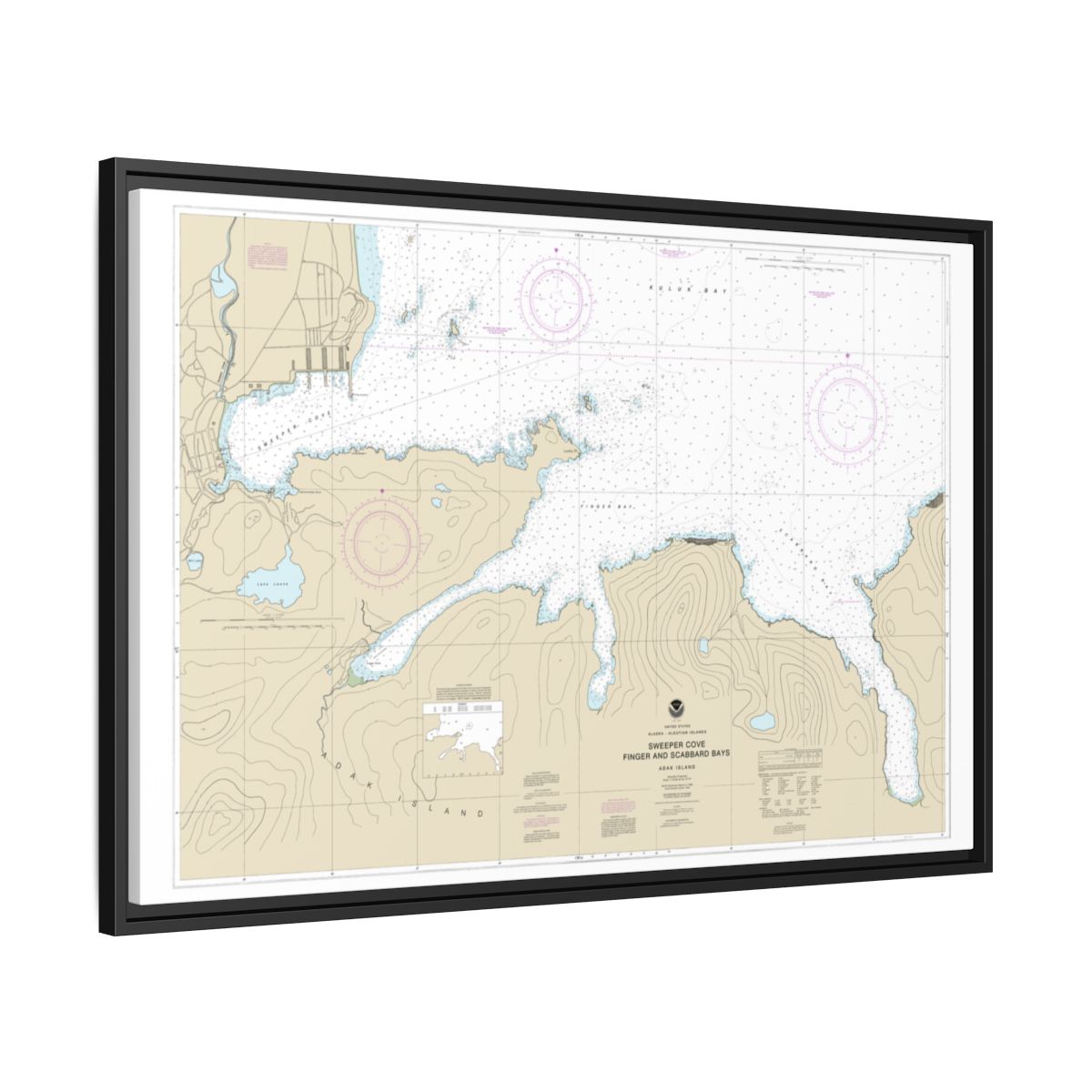 Chart 16476 Sweeper Cove, Finger and Scabbard Bays - NOAA Nautical Chart Floating Frame Canvas | 30" x 20" | 36" x 24" | 48" x 32" - Black side