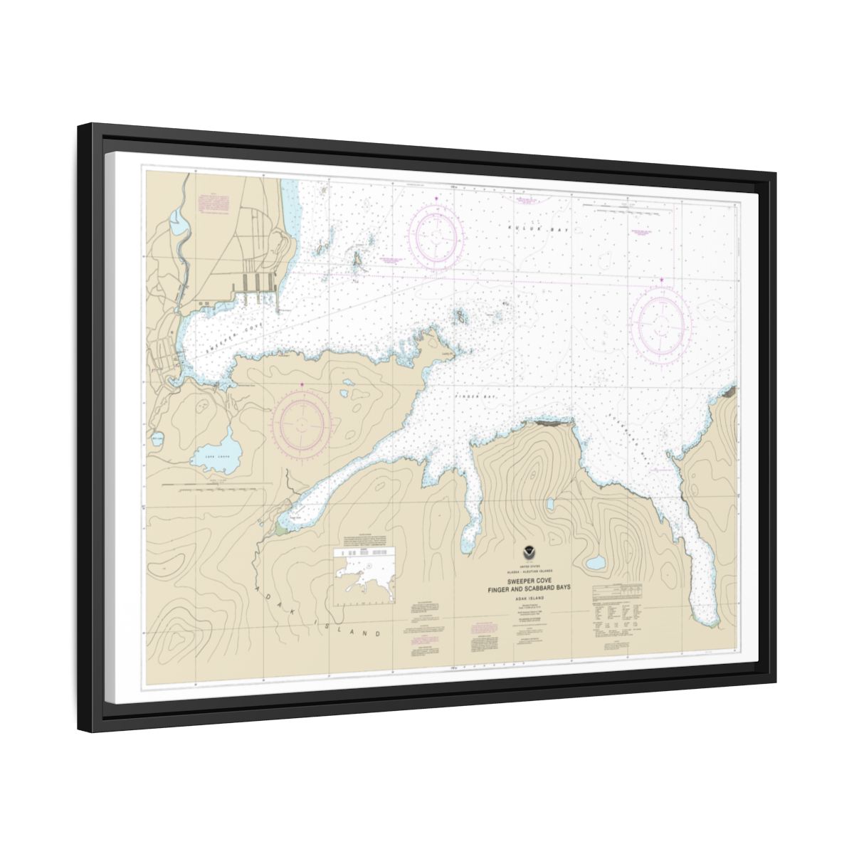 Chart 16476 Sweeper Cove, Finger and Scabbard Bays - NOAA Nautical Chart Floating Frame Canvas | 30" x 20" | 36" x 24" | 48" x 32" - Black side
