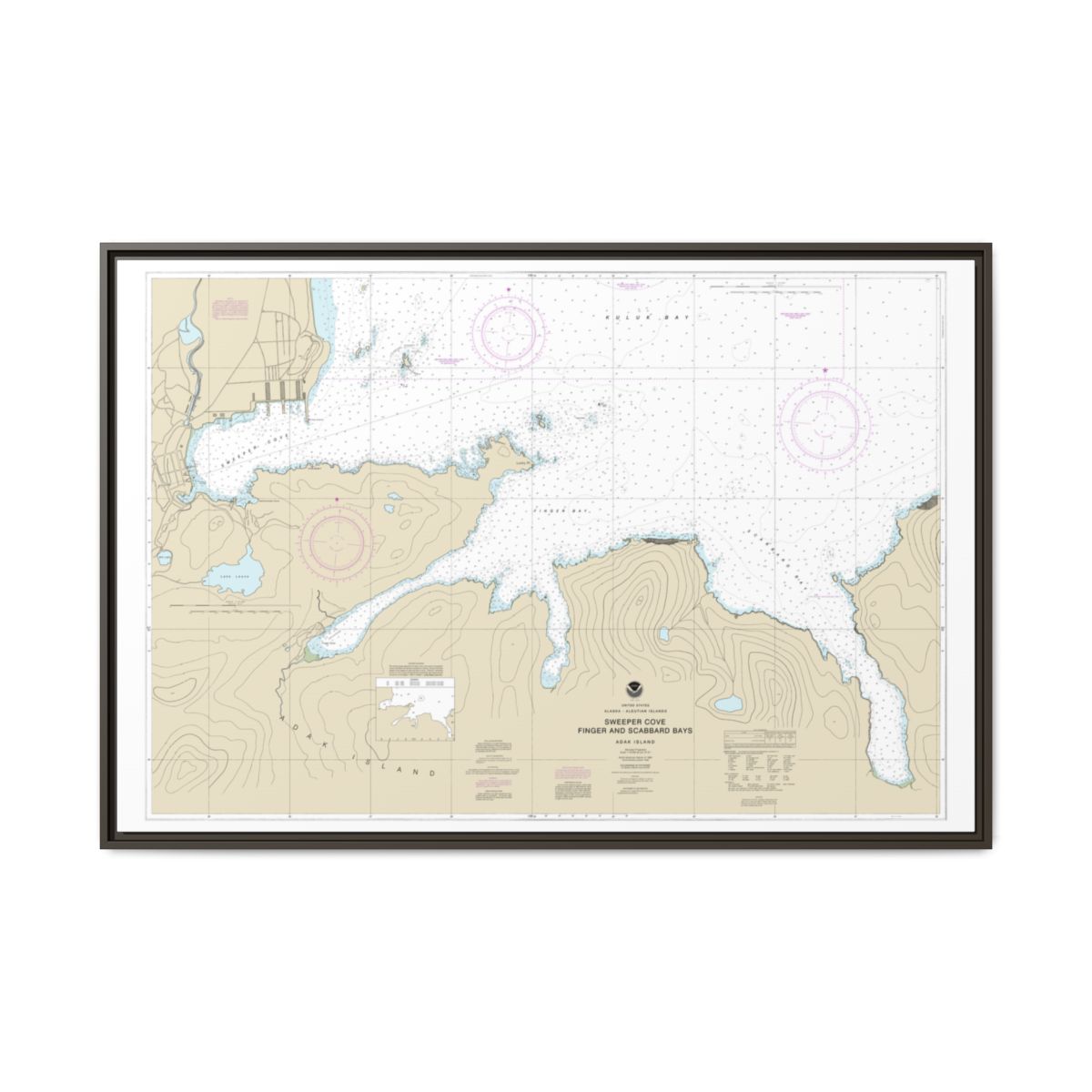 Chart 16476 Sweeper Cove, Finger and Scabbard Bays - NOAA Nautical Chart Floating Frame Canvas | 30" x 20" | 36" x 24" | 48" x 32" - Espresso front