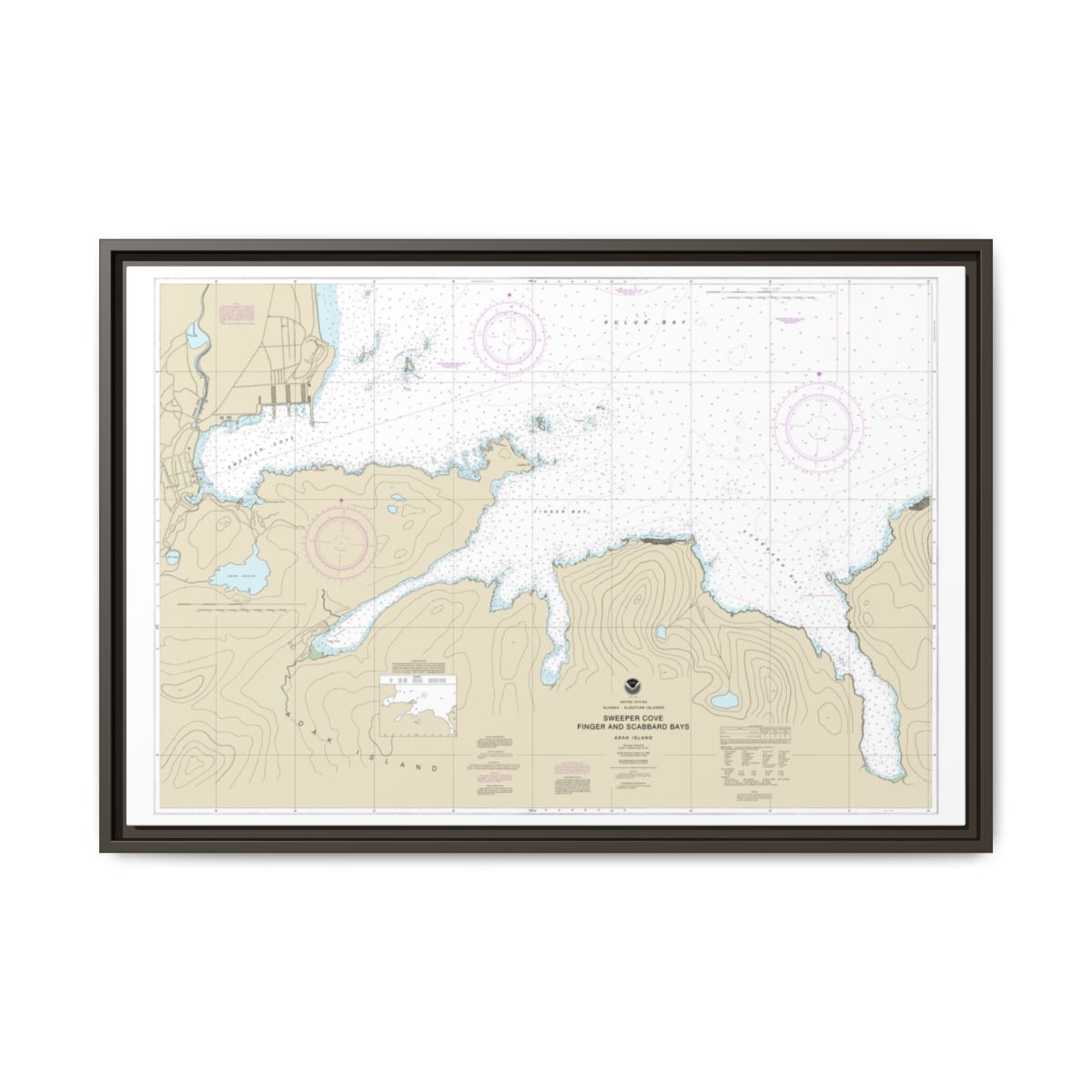 Chart 16476 Sweeper Cove, Finger and Scabbard Bays - NOAA Nautical Chart Floating Frame Canvas | 30" x 20" | 36" x 24" | 48" x 32" - Espresso front