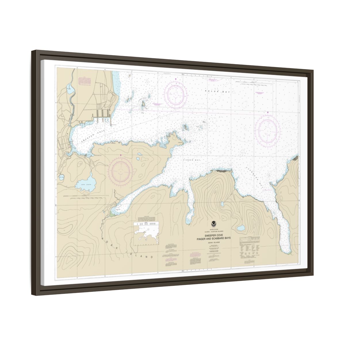 Chart 16476 Sweeper Cove, Finger and Scabbard Bays - NOAA Nautical Chart Floating Frame Canvas | 30" x 20" | 36" x 24" | 48" x 32" - Espresso side