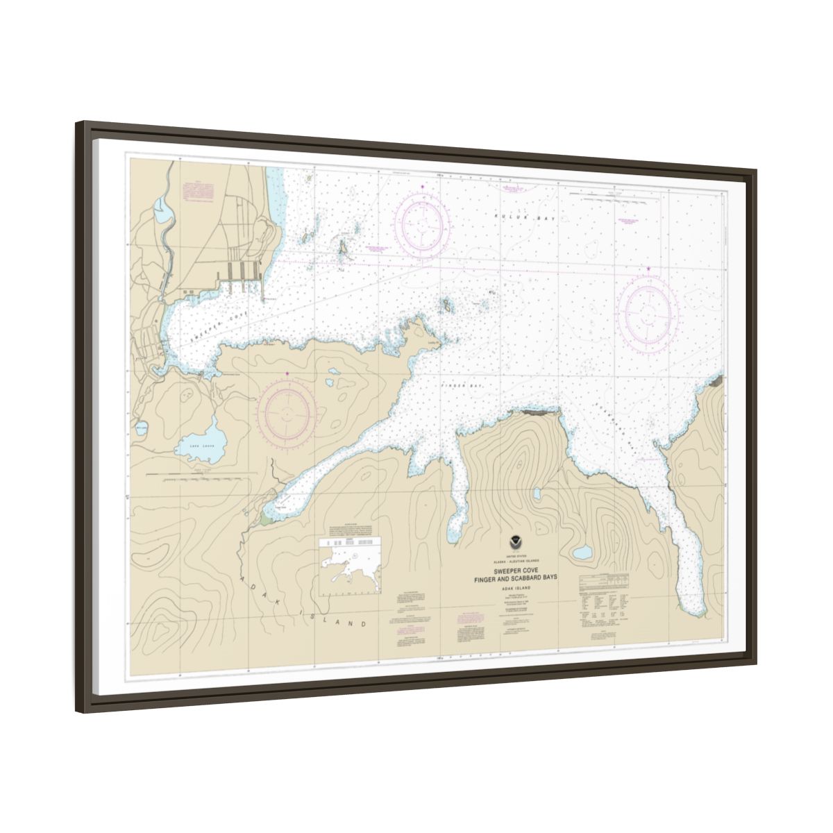 Chart 16476 Sweeper Cove, Finger and Scabbard Bays - NOAA Nautical Chart Floating Frame Canvas | 30" x 20" | 36" x 24" | 48" x 32" - Espresso side