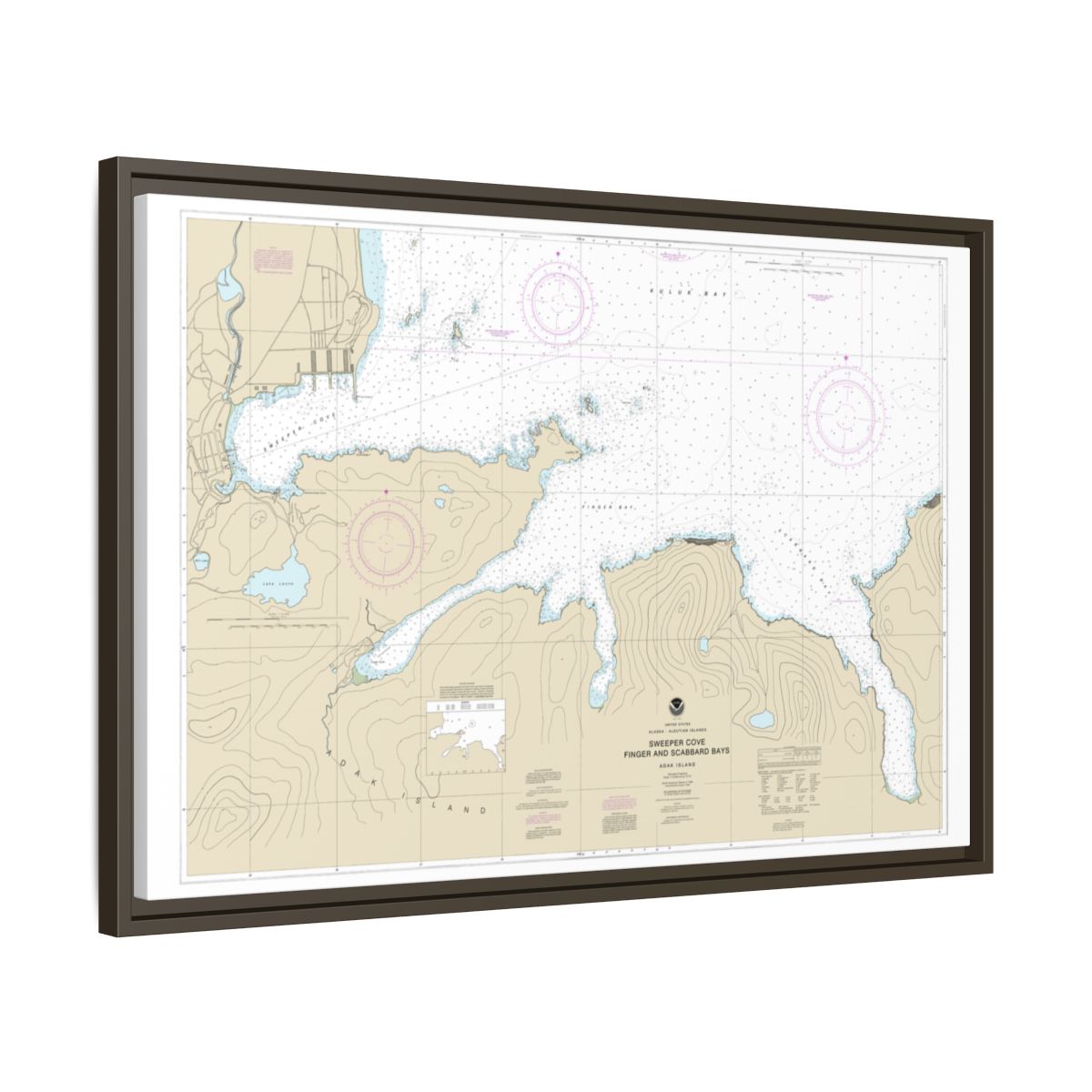 Chart 16476 Sweeper Cove, Finger and Scabbard Bays - NOAA Nautical Chart Floating Frame Canvas | 30" x 20" | 36" x 24" | 48" x 32" - Espresso side