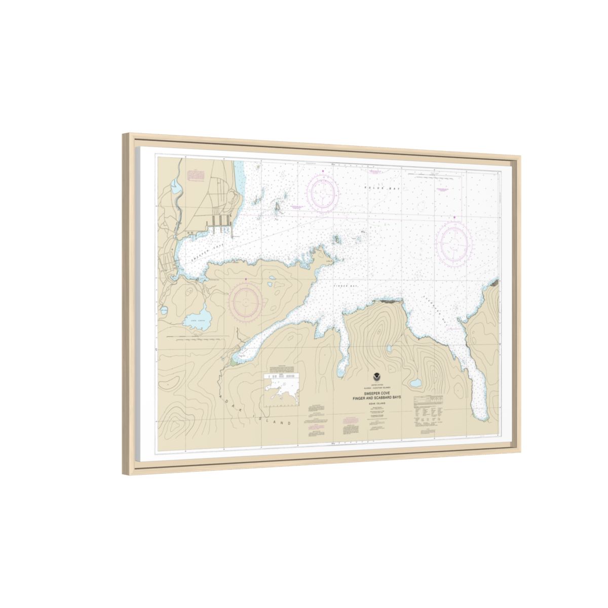 Chart 16476 Sweeper Cove, Finger and Scabbard Bays - NOAA Nautical Chart Floating Frame Canvas | 30" x 20" | 36" x 24" | 48" x 32" - Natural side