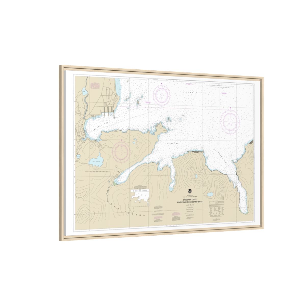 Chart 16476 Sweeper Cove, Finger and Scabbard Bays - NOAA Nautical Chart Floating Frame Canvas | 30" x 20" | 36" x 24" | 48" x 32" - Natural side