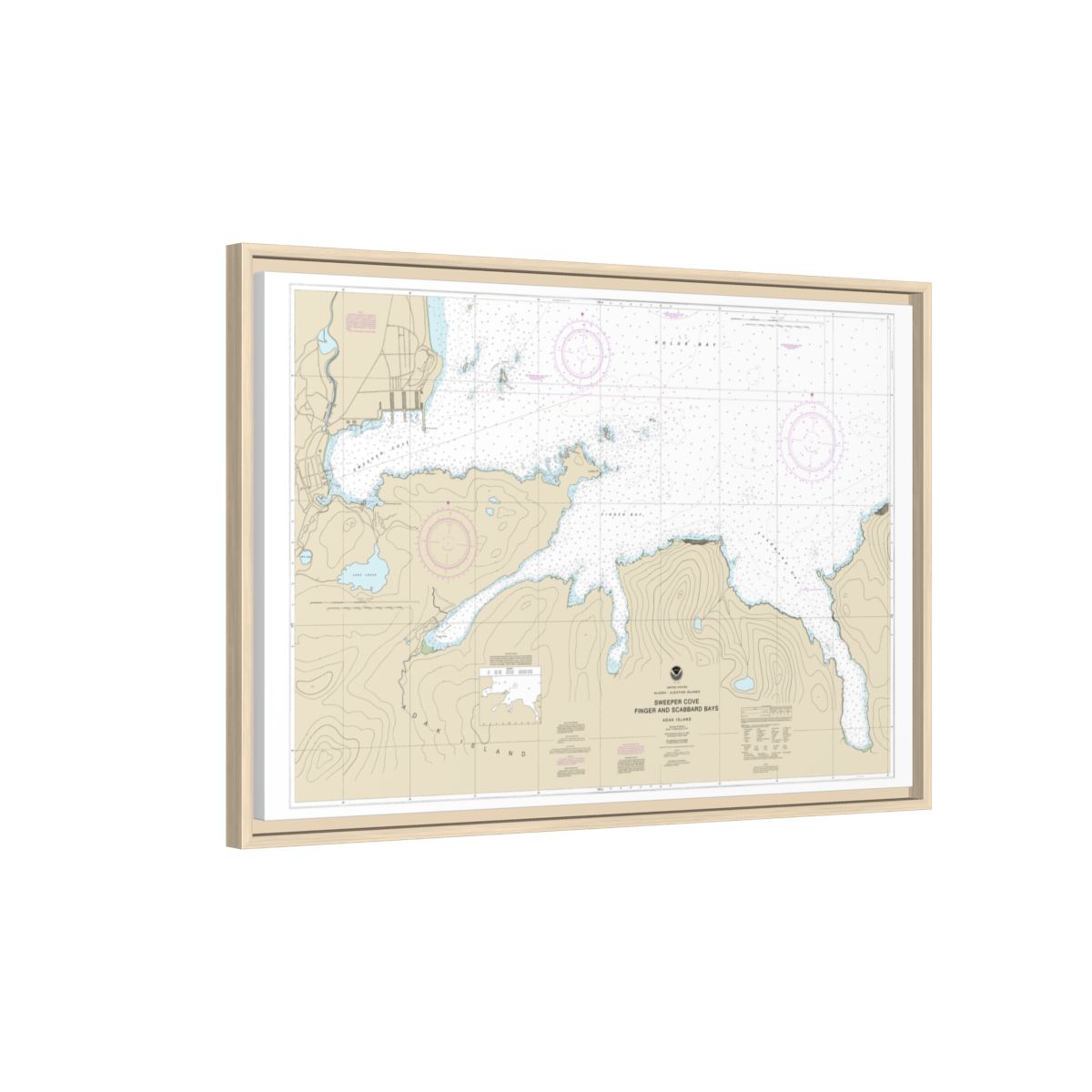 Chart 16476 Sweeper Cove, Finger and Scabbard Bays - NOAA Nautical Chart Floating Frame Canvas | 30" x 20" | 36" x 24" | 48" x 32" - Natural side