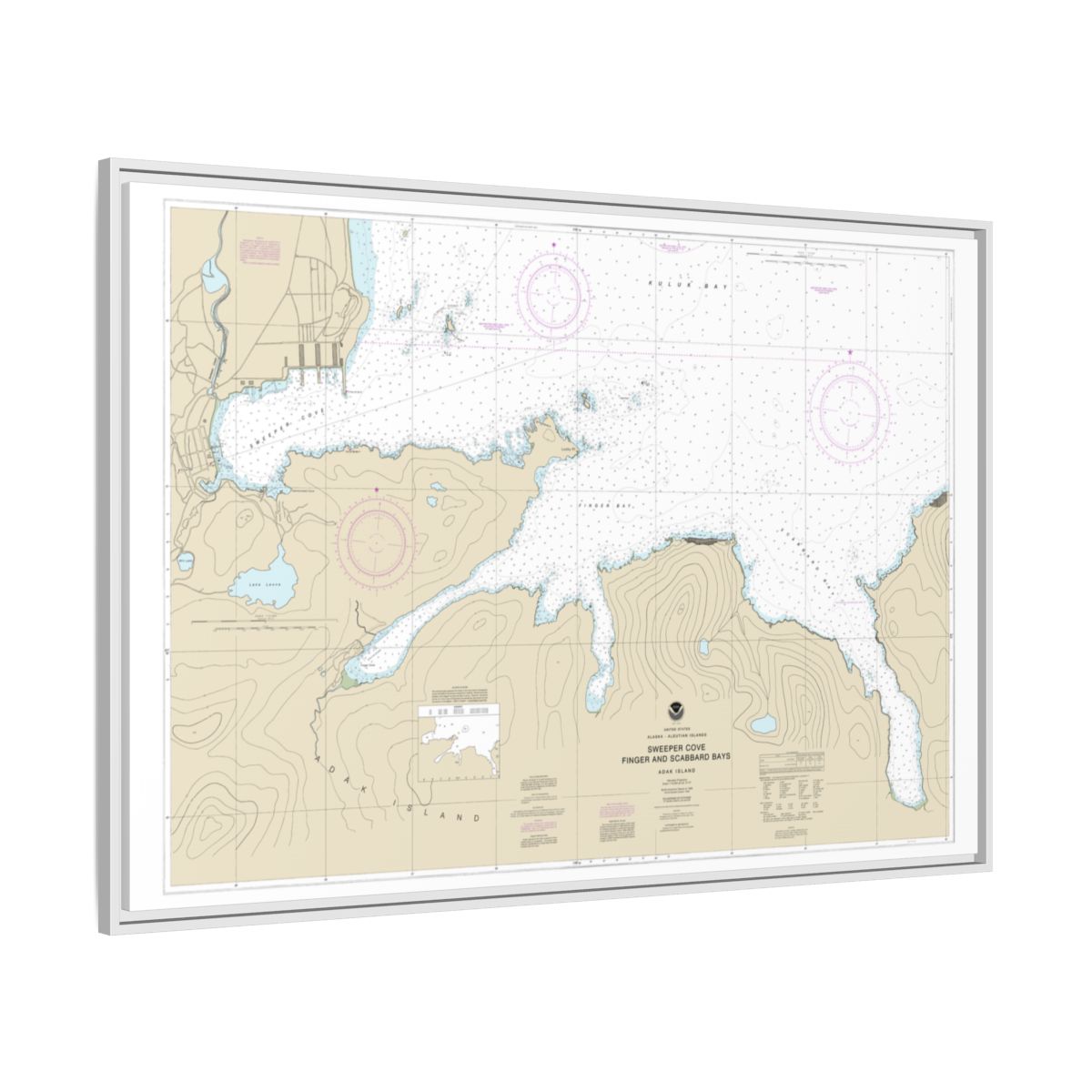 Chart 16476 Sweeper Cove, Finger and Scabbard Bays - NOAA Nautical Chart Floating Frame Canvas | 30" x 20" | 36" x 24" | 48" x 32" - White side