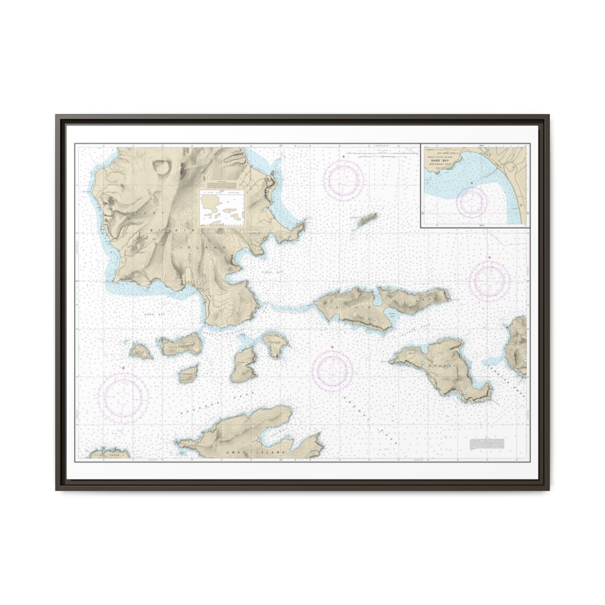 Chart 16478 Tagalak Island to Great Sitkin Island;Sand Bay-Northeast Cove - NOAA Nautical Chart Floating Frame Canvas | 32" x 24" | 40" x 30" - Espresso front