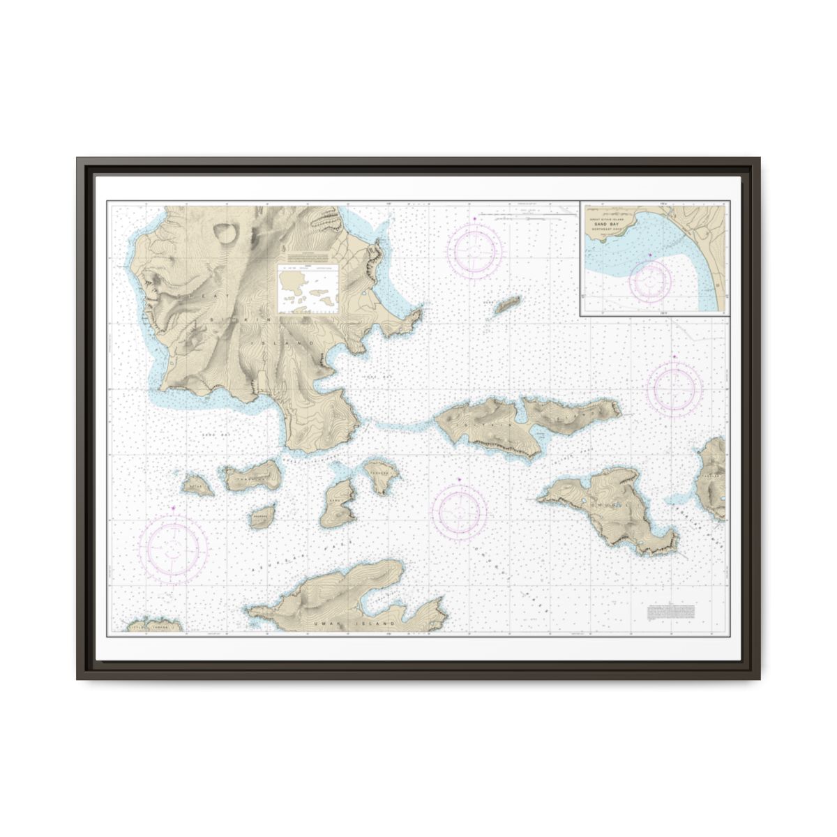 Chart 16478 Tagalak Island to Great Sitkin Island;Sand Bay-Northeast Cove - NOAA Nautical Chart Floating Frame Canvas | 32" x 24" | 40" x 30" - Espresso front