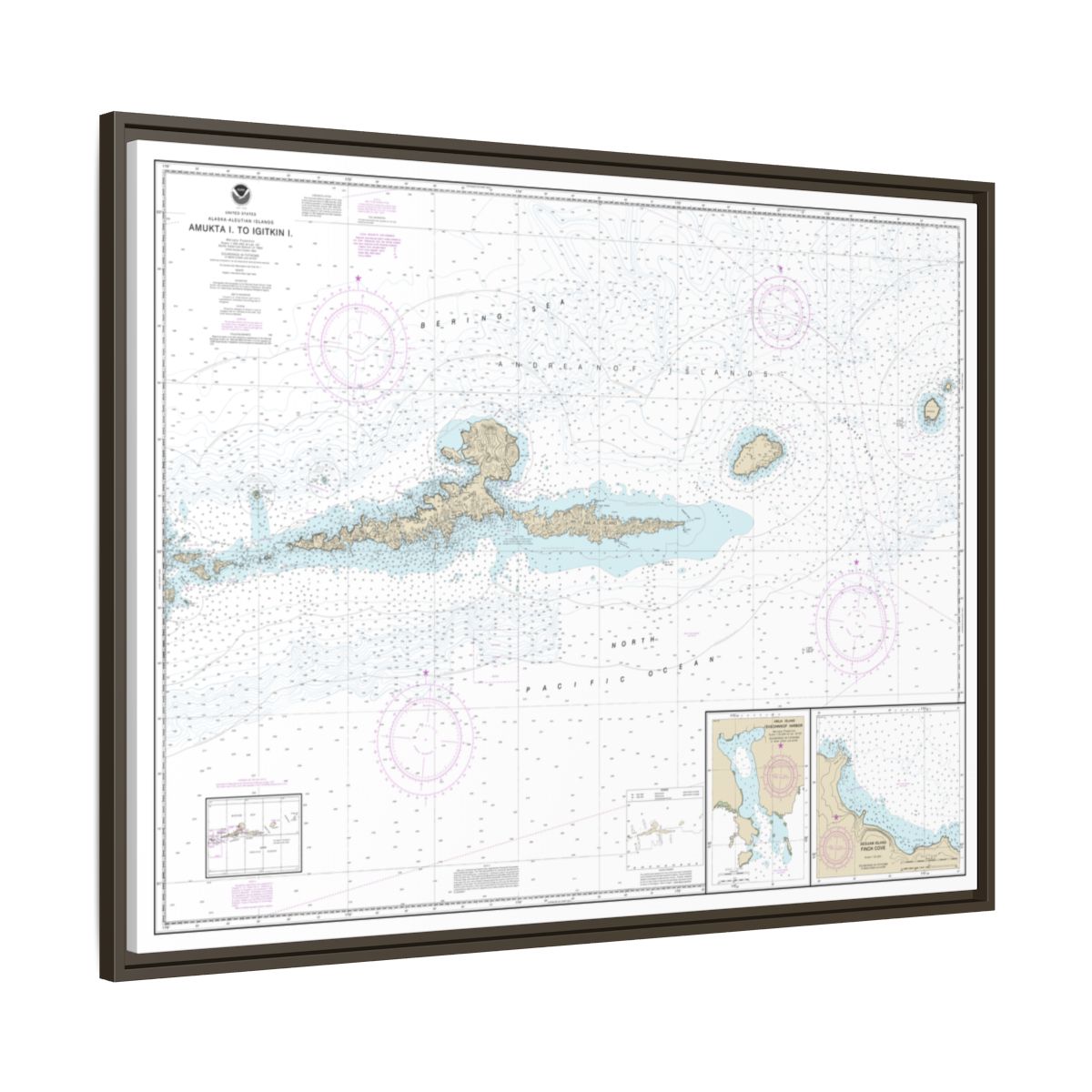 Chart 16480 Amkta Island to Igitkin Island;Finch Cove Seguam Island;Sviechnikof Harbor, Amilia Island - NOAA Nautical Chart Floating Frame Canvas | 32" x 24" | 40" x 30" - Espresso side